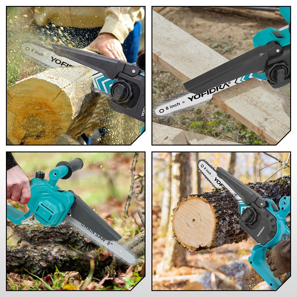 Eine Kettensäge schneidet Holz. Die Säge ist teal und schwarz, mit dem Markennamen YOFIDRA sichtbar. Holzspäne fliegen in die Luft.