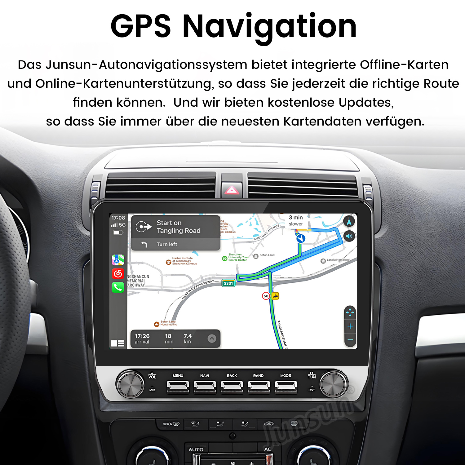 Auto-Navigationssystem-Display mit Kartenansicht und Routenführung. Armaturenbrett und Innenraum sind sichtbar.