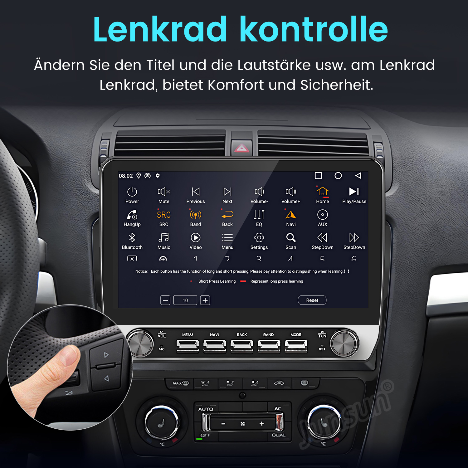 Auto-Innenraum mit Bildschirm, der Bedienelemente anzeigt, eine Hand am Lenkrad und verschiedene Knöpfe.