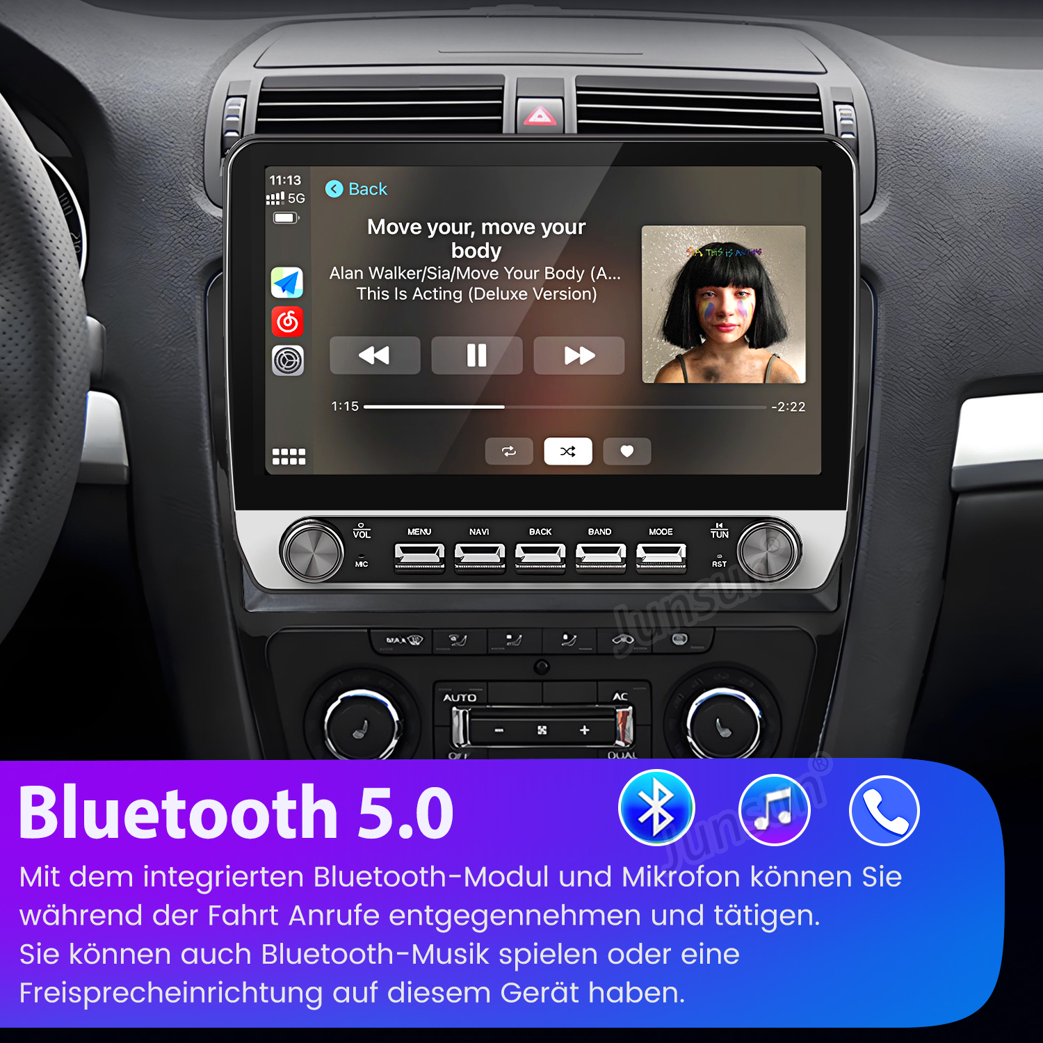 Auto-Multimedia-System spielt Musik. Der Bildschirm zeigt Song-Informationen und ein Foto der Sängerin. Bluetooth 5.0 wird beworben.