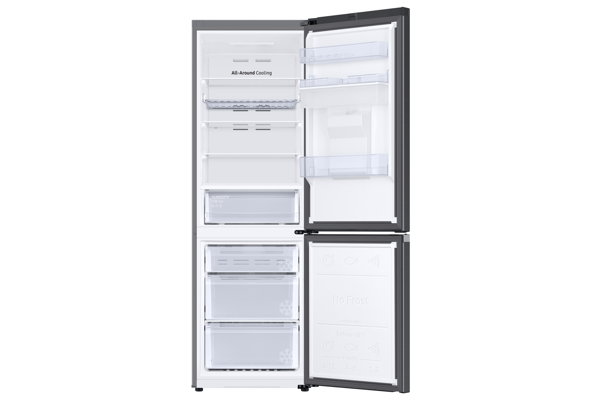 Geöffneter Kühlschrank zeigt Regale, Schubladen und Fächer. Beschriftungen sind 'All-Around Cooling', 'Humidity Fresh' und 'No Frost'.