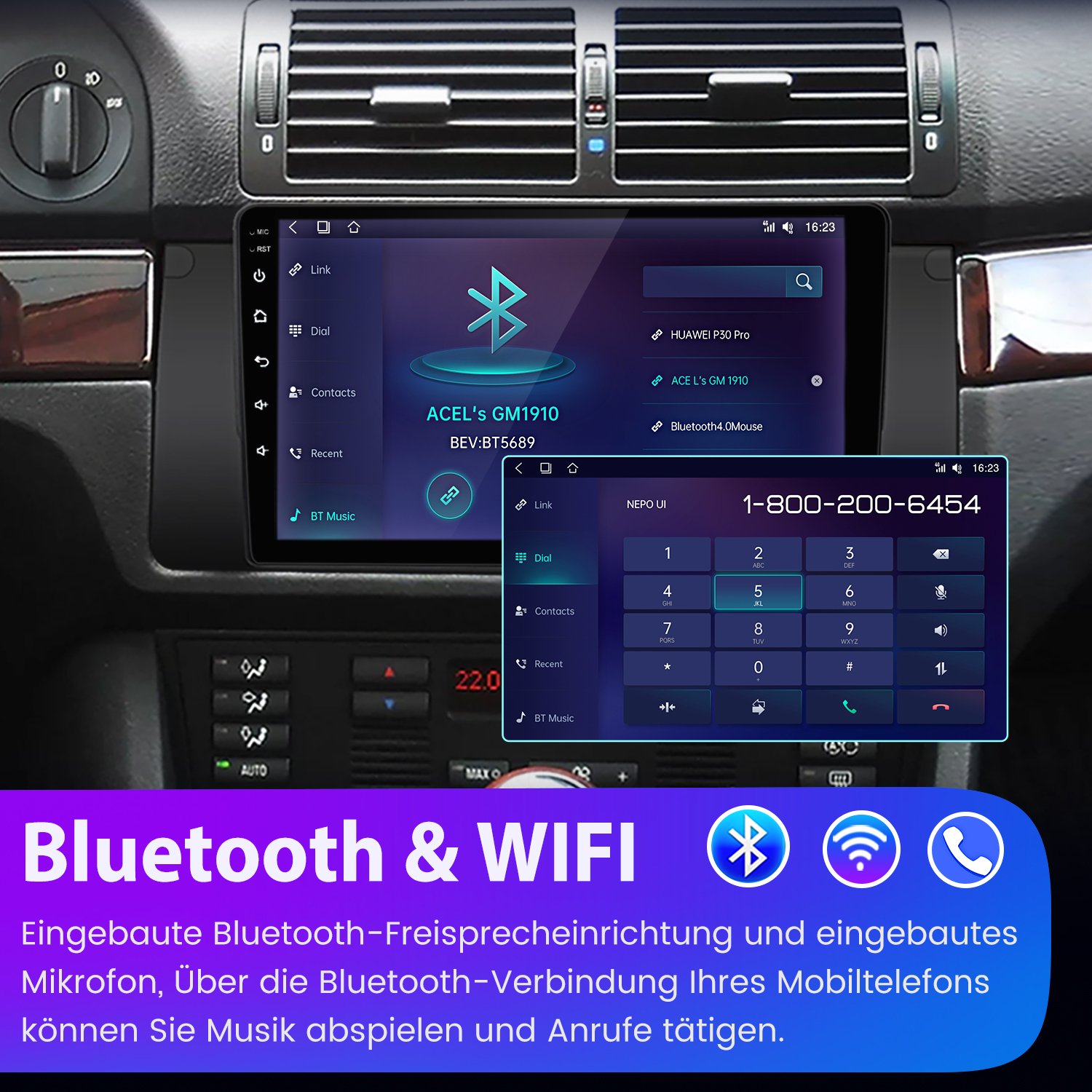 Auto-Infotainment-System mit Bluetooth & WLAN. Zeigt einen Telefonwähler, Bluetooth-Einstellungen und ein Telefonsymbol.