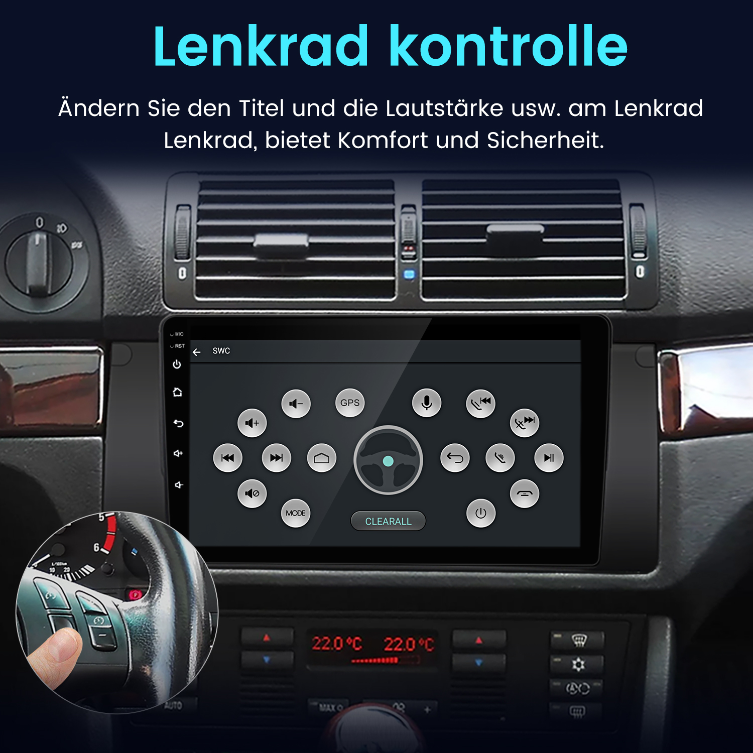 Armaturenbrett mit Touchscreen-Display. Lenkradbedienelemente sind sichtbar. Der Bildschirm zeigt Navigations- und Mediensteuerungen.