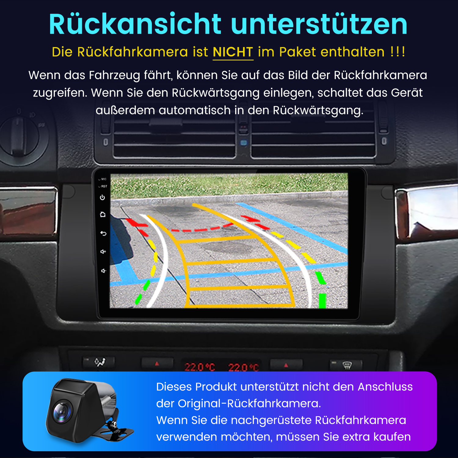 Armaturenbrett mit Rückfahrkamerabild auf dem Bildschirm. Farblinien führen. Kamera unten links.