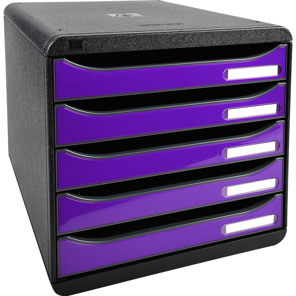 Organizzatore da scrivania nero con cinque cassetti viola. Ogni cassetto ha un'area etichetta bianca. L'organizzatore è su sfondo bianco.