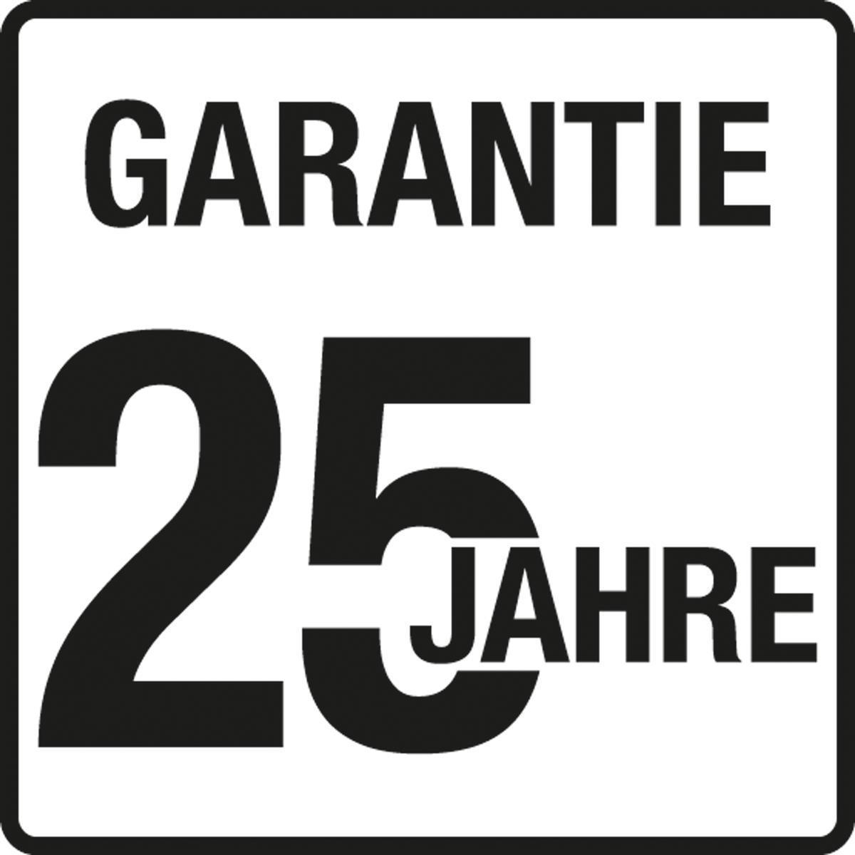 Un quadrato con bordo bianco e testo nero. Si legge 'GARANTIE' sopra e '25 JAHRE' sotto un grande numero '25'.