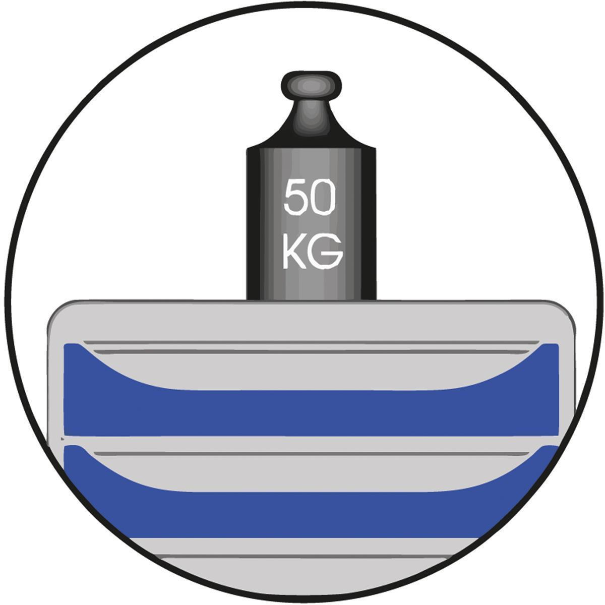 Illustrazione in un cerchio che mostra un peso. Un peso nero indica 50 KG. È su una base grigia con strisce blu.