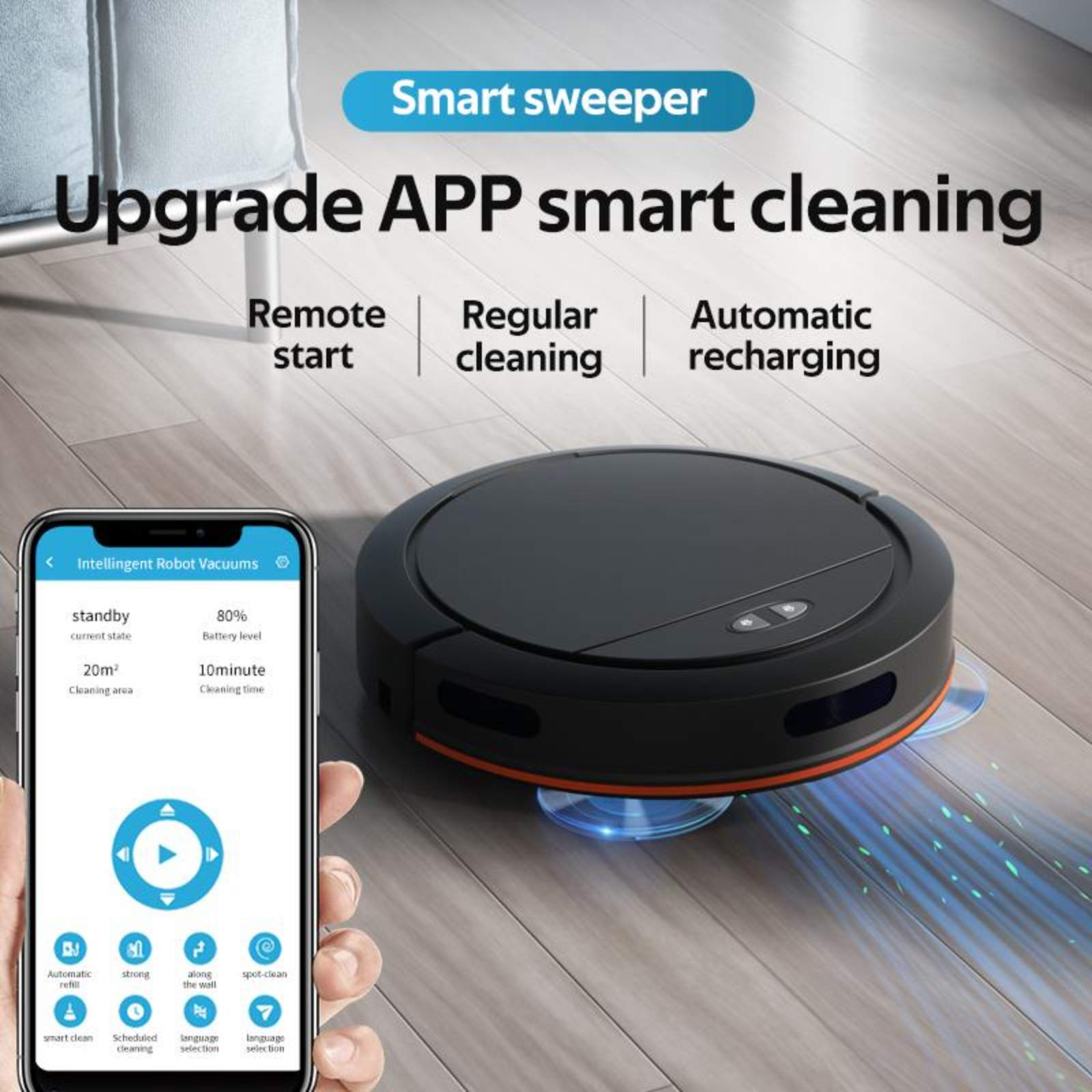 Ein schwarzer intelligenter Staubsauger auf einem Holzboden. Ein Smartphone zeigt Steuerungsoptionen an. Text: Smart Sweeper, Upgrade APP Smart Cleaning.