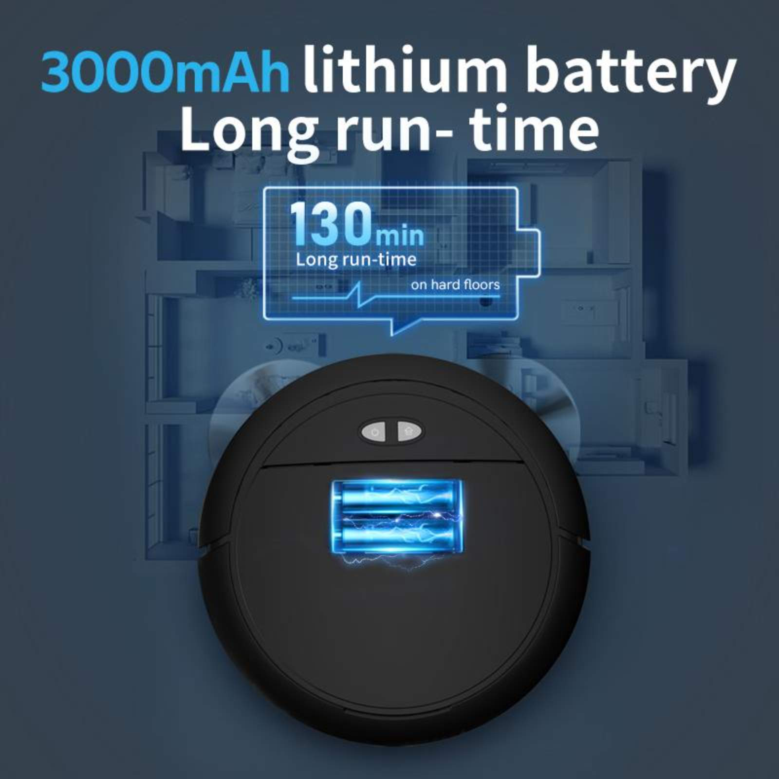 Schwarzer Roboter-Staubsauger mit blauer Batteriestandsanzeige. Text besagt 3000mAh Akku, lange Laufzeit 130min auf Hartböden.