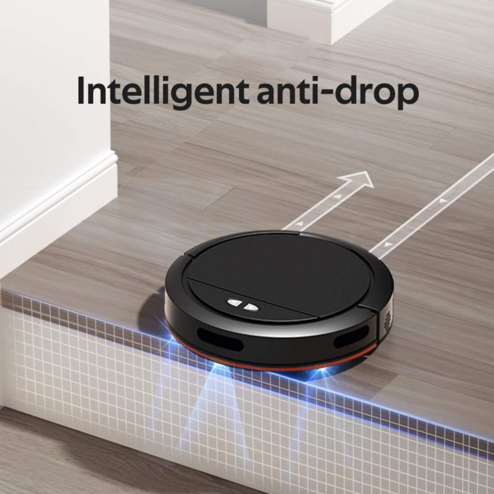 Ein schwarzer Roboter-Staubsauger auf einem Holzboden. Der Text lautet 'Intelligent Anti-Drop'. Pfeile zeigen den Weg.