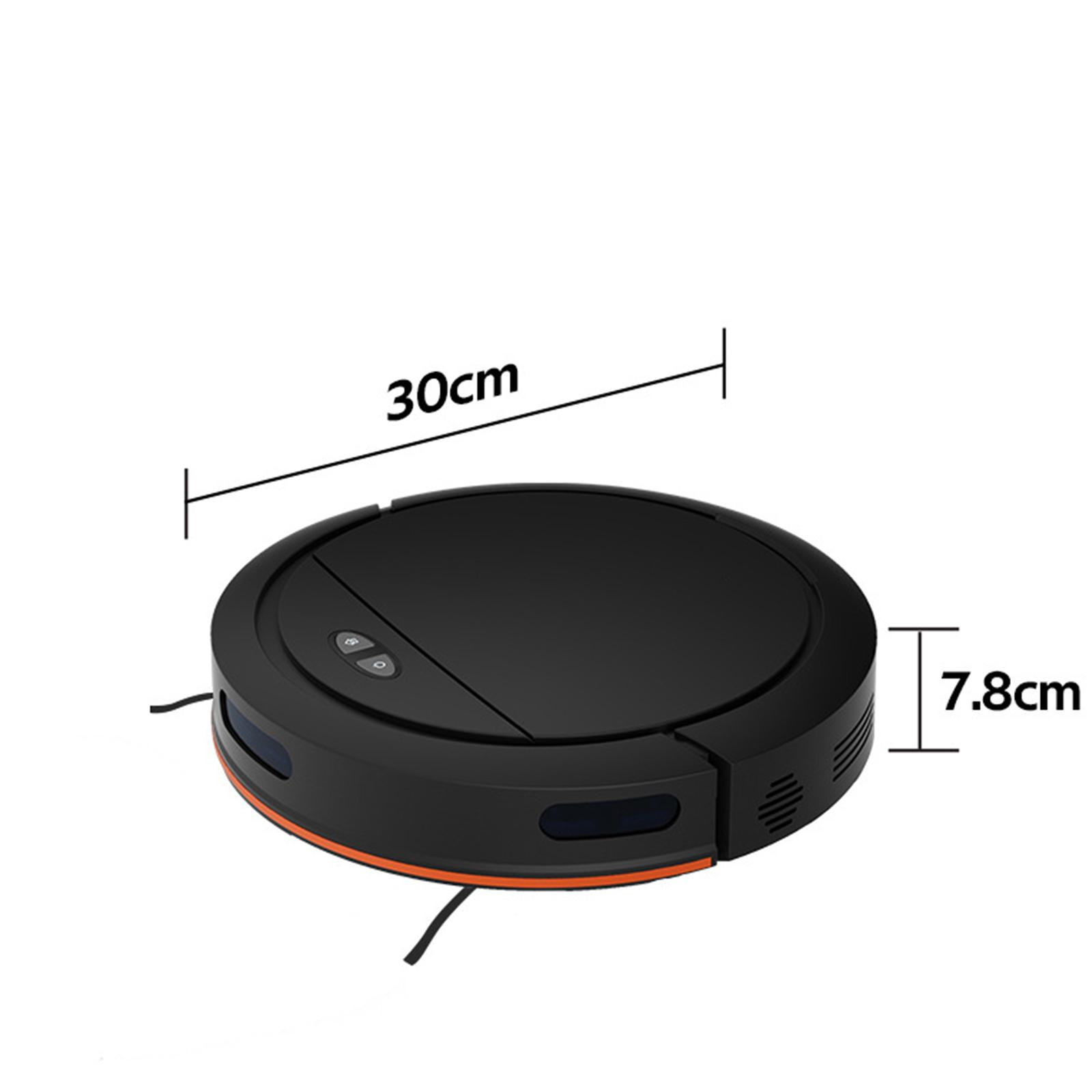 Schwarzer Roboter-Staubsauger, mit Maßangaben: 30cm breit, 7,8cm hoch. Oranger Rand. Knöpfe oben. Weißer Hintergrund.