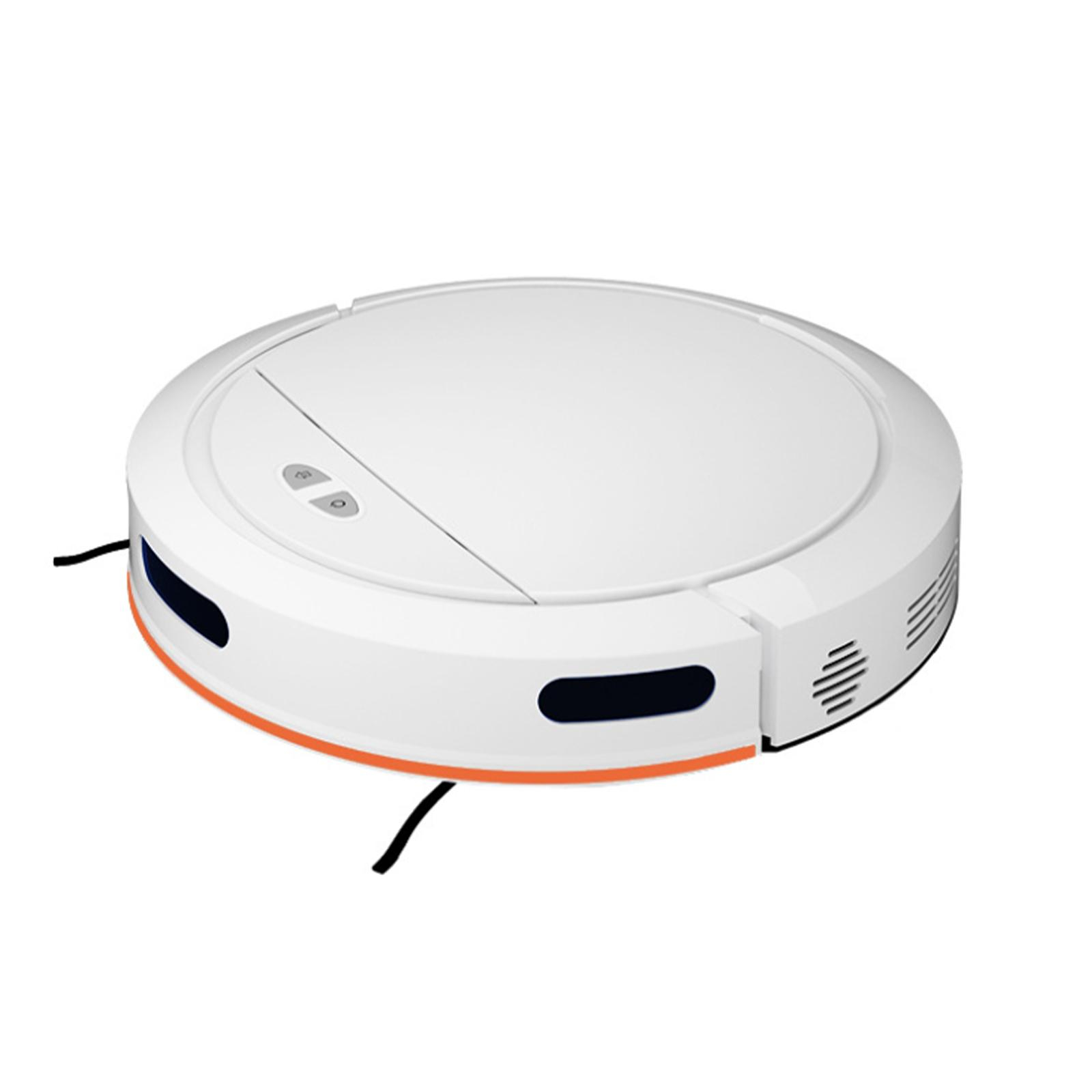 Weißer, runder Roboter-Staubsauger mit orangefarbener Zierleiste. Er hat zwei schwarze Bürsten und zwei Knöpfe.