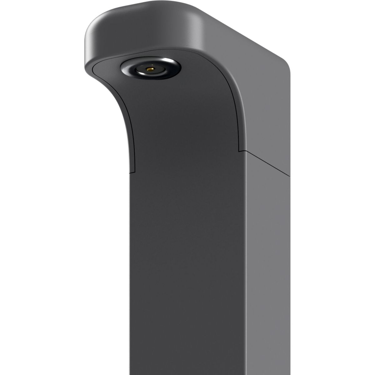 Ein dunkelgraues, modern aussehendes Objekt mit gewölbter Oberseite und einer kleinen, kreisförmigen Öffnung. Das Objekt steht aufrecht, mit schlichtem Design.