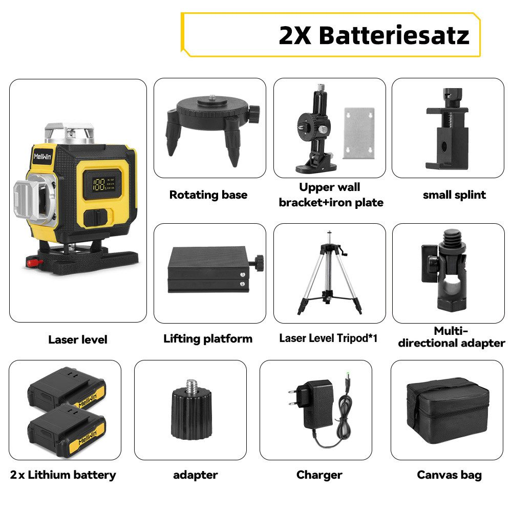 Das Bild zeigt ein Laser-Nivellier-Kit mit Zubehör: Drehfuß, Halterung, kleiner Splint, Akku, Ladegerät, Segeltuchbeutel usw.