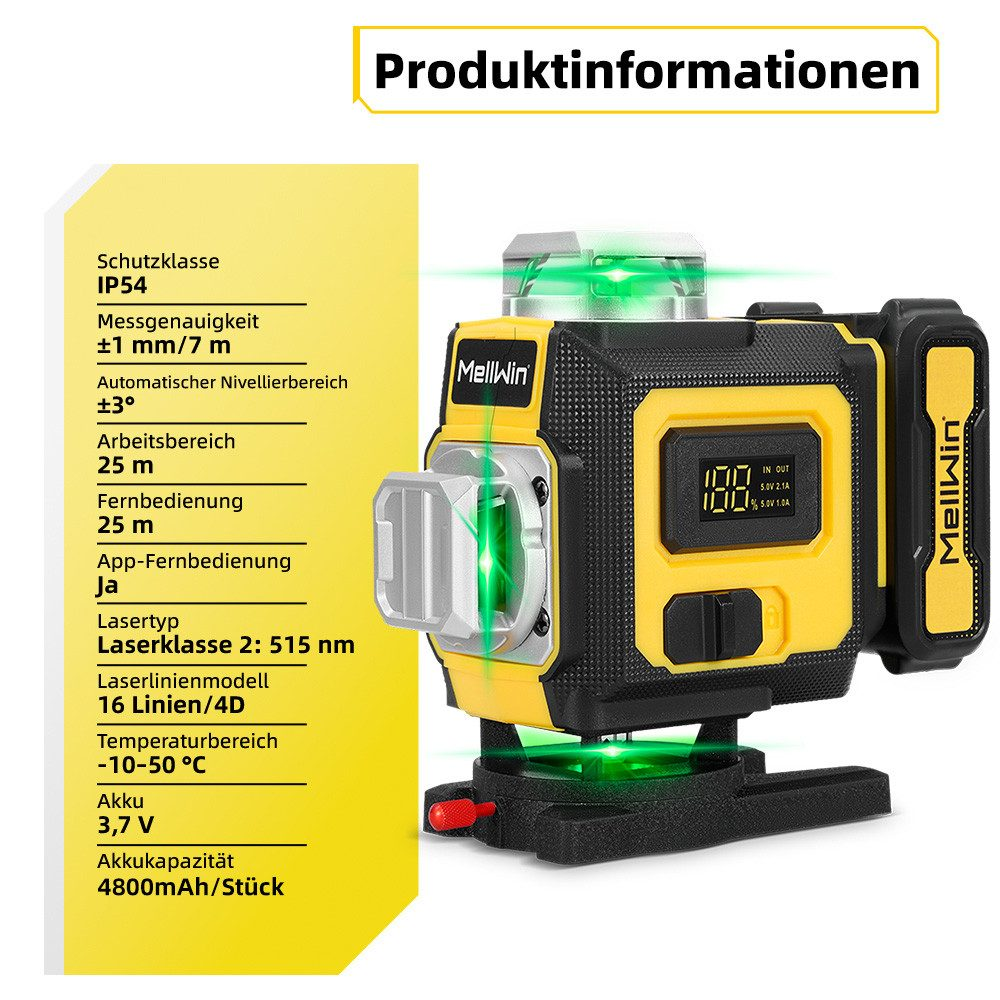Ein gelbes und schwarzes Laser-Niveau mit grünen Laserlinien. Spezifikationen umfassen Laserklasse, Reichweite und Batteriedetails.