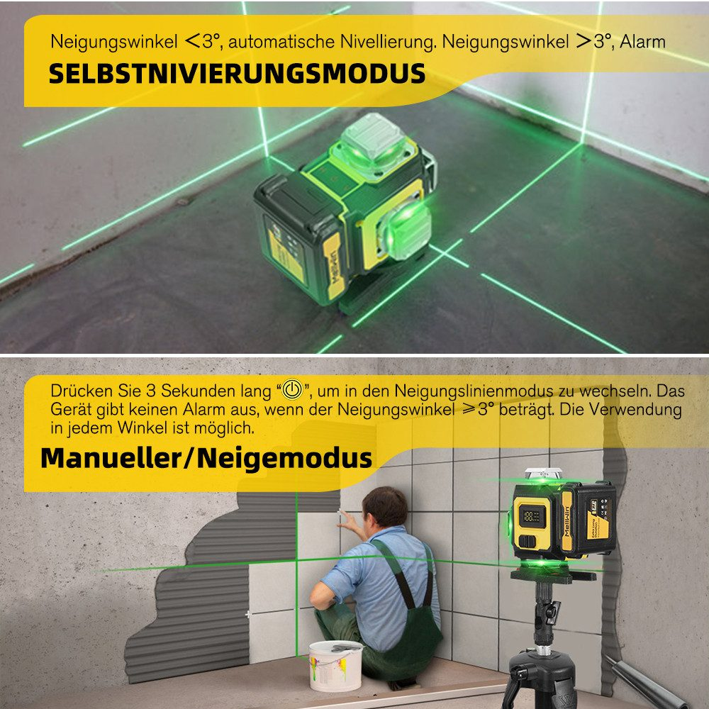 Ein Laser-Nivelliergerät auf einem Stativ projiziert grüne Linien. Eine Person verlegt Fliesen an einer Wand. Text beschreibt Modi.