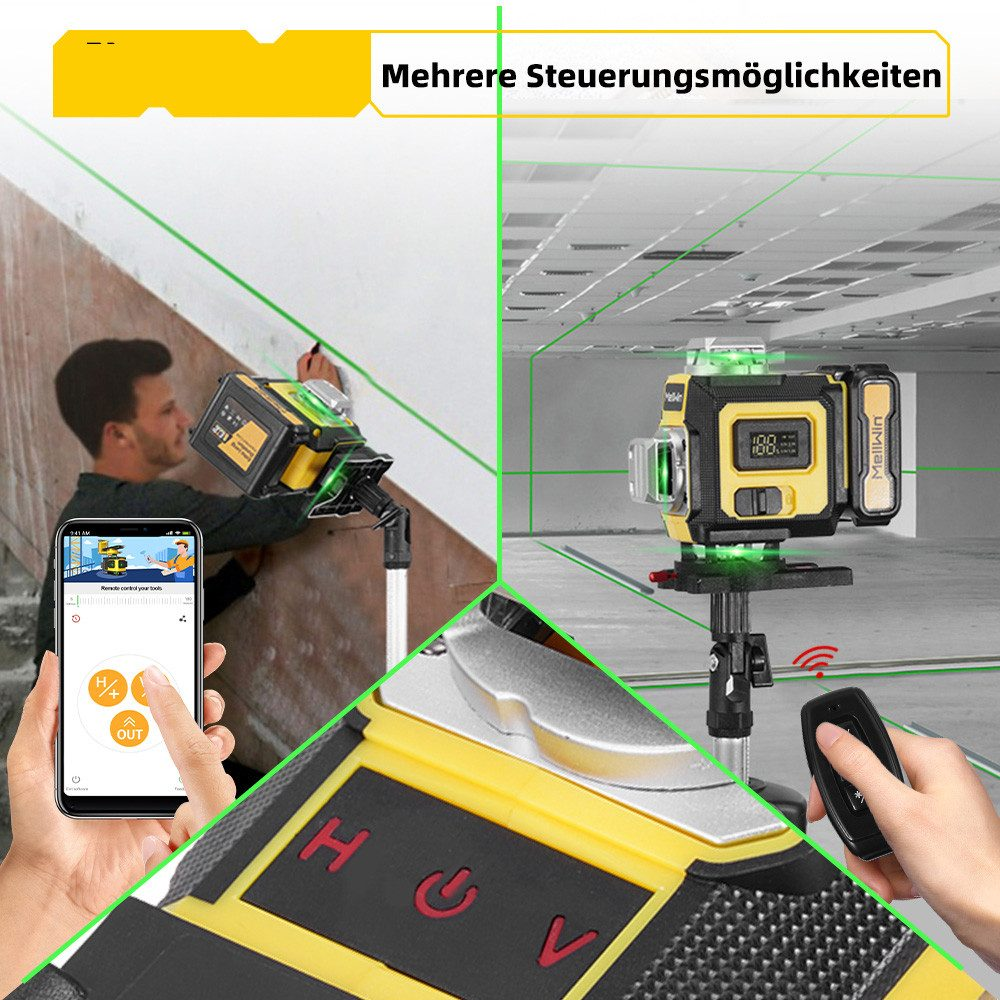 Ein Mann benutzt ein Nivellierwerkzeug, gesteuert von einem Telefon und einer Fernbedienung. Das Werkzeug ist gelb und schwarz, mit einem grünen Laser.