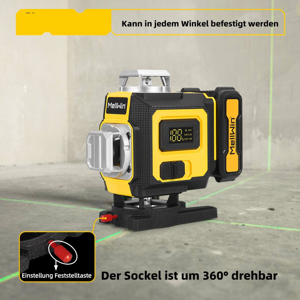 Ein gelb-schwarzes Laser-Nivelliergerät mit Digitalanzeige, 360-Grad-Drehfuß und Einstellknöpfen.