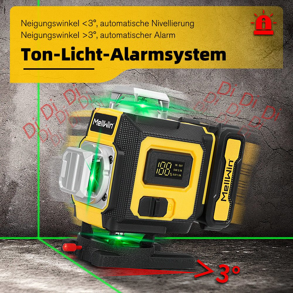 Ein gelbes und schwarzes Nivelliergerät mit grünem Laser steht auf roter Basis. Es hat eine Digitalanzeige, die Marke ist Mellwin, der Winkel <gt/>3°.