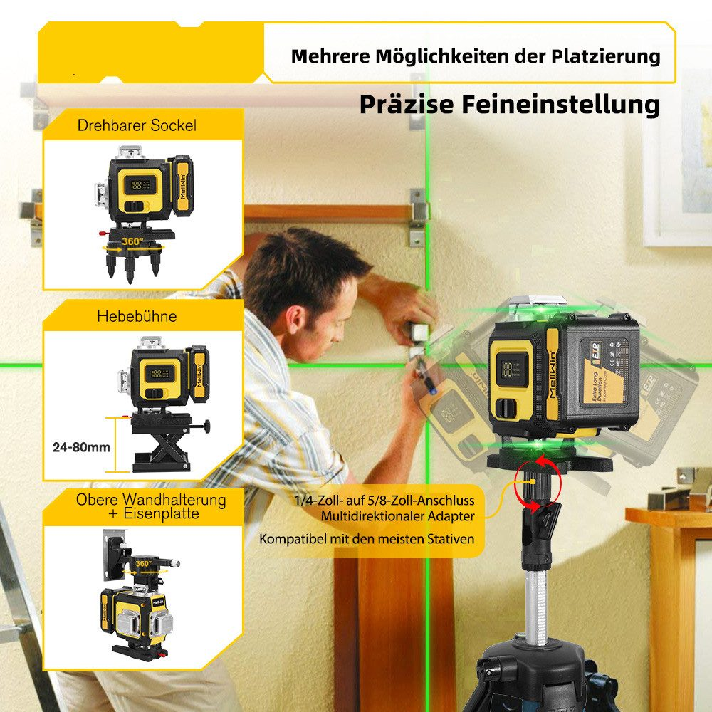 Mann benutzt ein Laser-Nivelliergerät an einer Wand. Das Bild zeigt das Gerät auf einem Stativ und Diagramme.