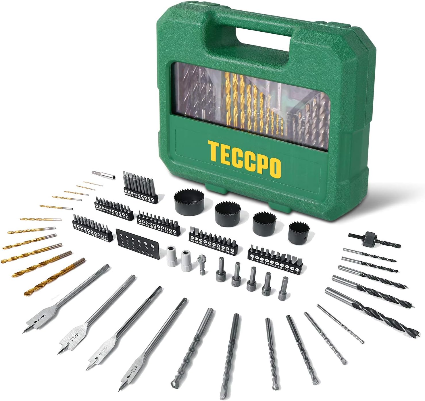 Una caja de herramientas verde con "TECCPO" escrito, rodeada de varias brocas y accesorios, colocados sobre una superficie blanca.