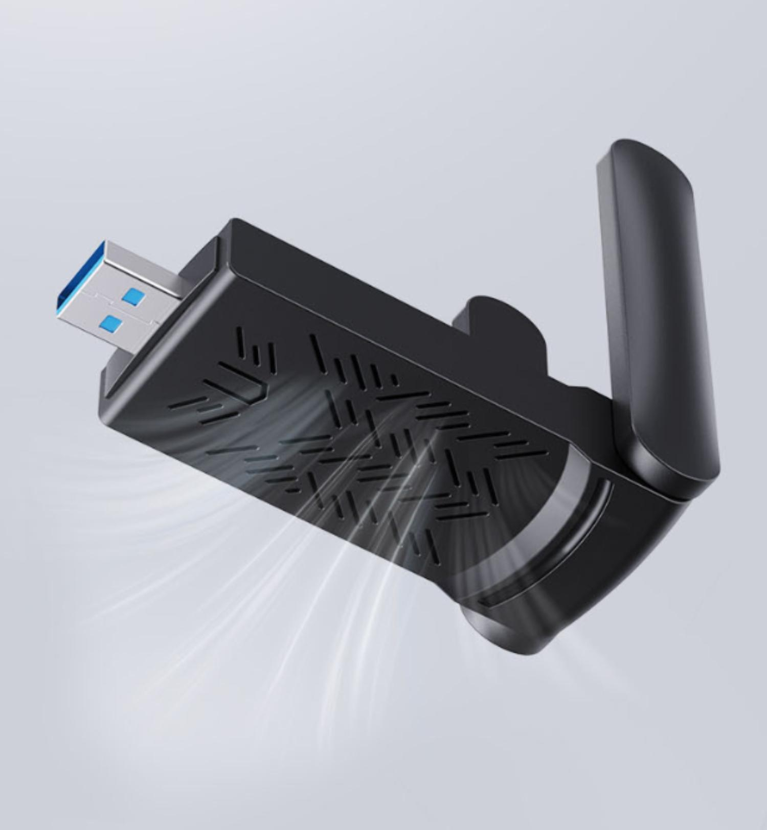 Schwarzer USB-WLAN-Adapter. Silberner USB-Anschluss mit blauen Details. Antenne ist oben. Weißer Luftstrom-Effekt. Grauer Hintergrund.