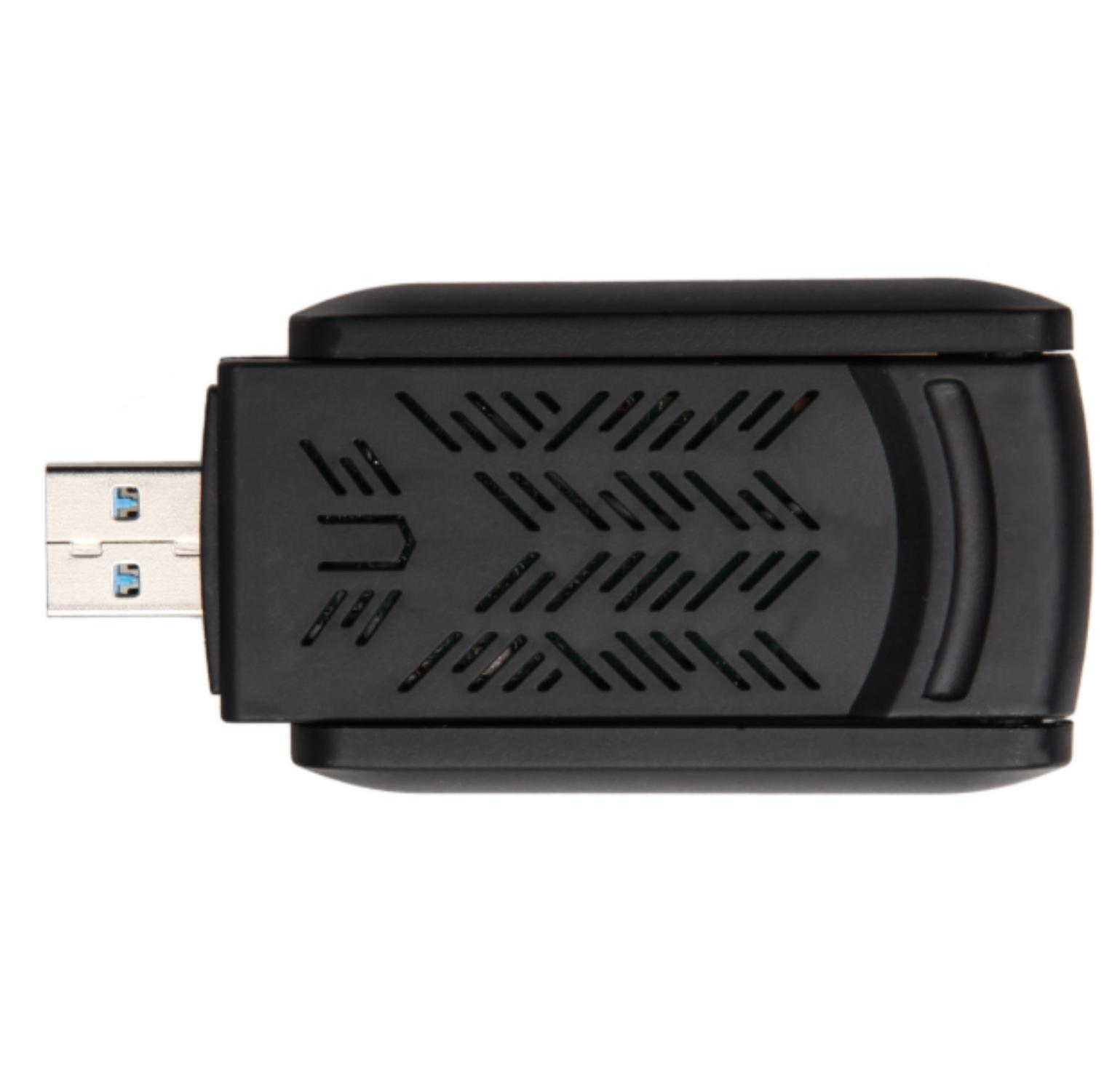 Schwarzer USB-WLAN-Adapter. Er hat einen USB-Anschluss und einen rechteckigen Körper mit Lüftungslöchern.
