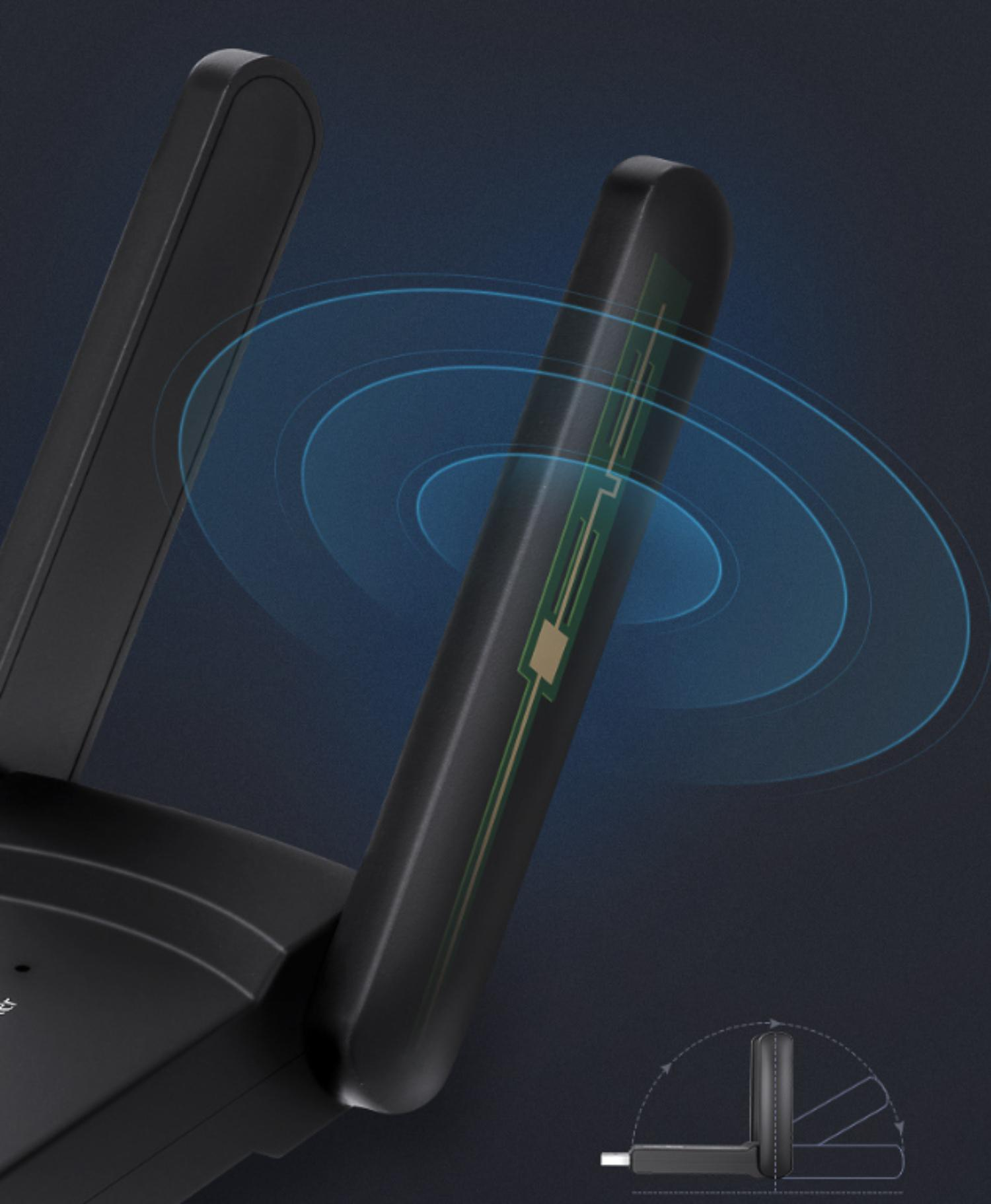 Schwarzer WLAN-Router mit zwei Antennen, die blaue Signalwellen aussenden. Die Antennen haben grüne und goldene Leiterplatten.
