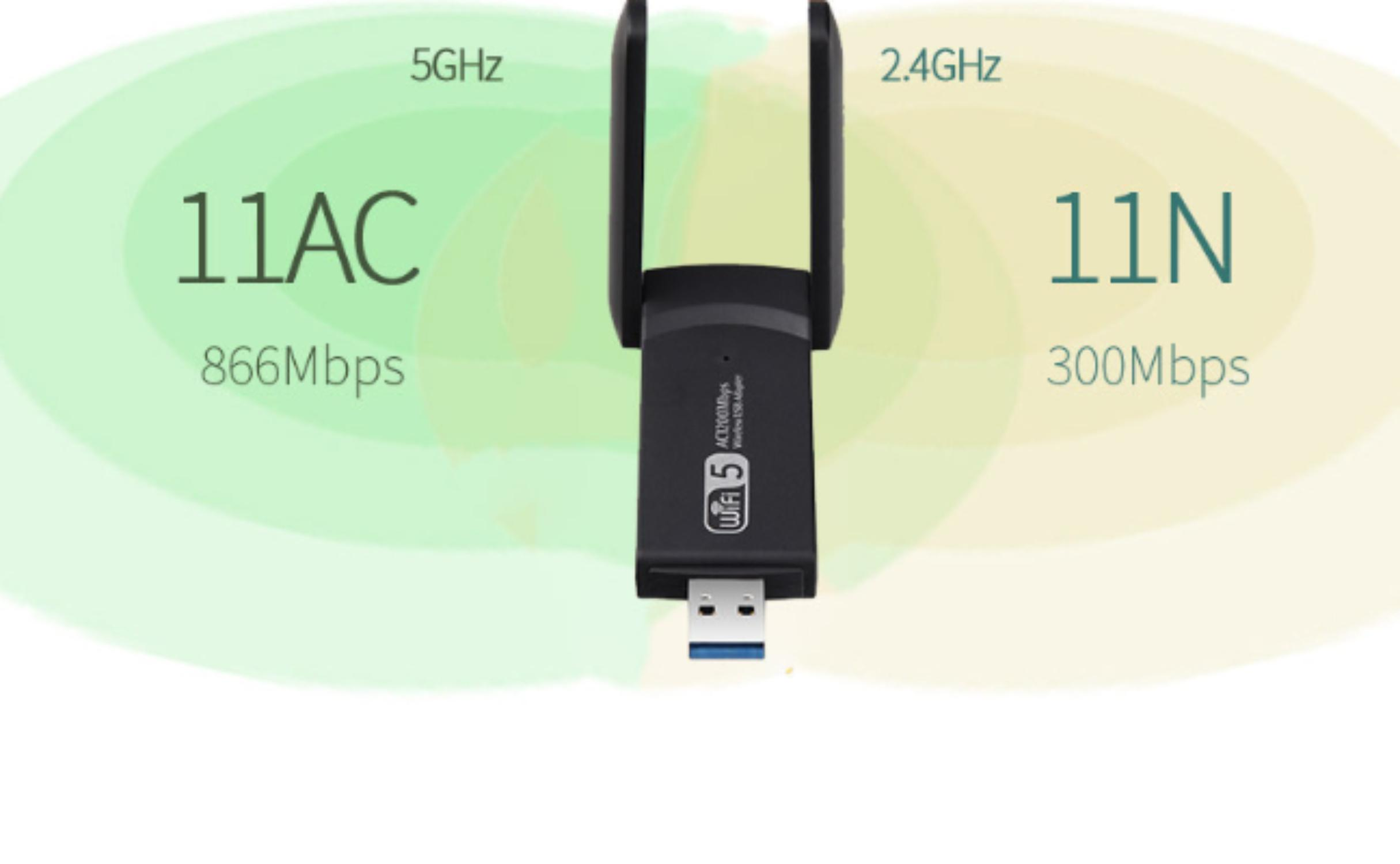 Ein schwarzer WLAN-Adapter mit zwei Antennen wird angezeigt. Text zeigt 5 GHz, 2,4 GHz, 11AC 866 Mbit/s und 11N 300 Mbit/s. Weißer Hintergrund.