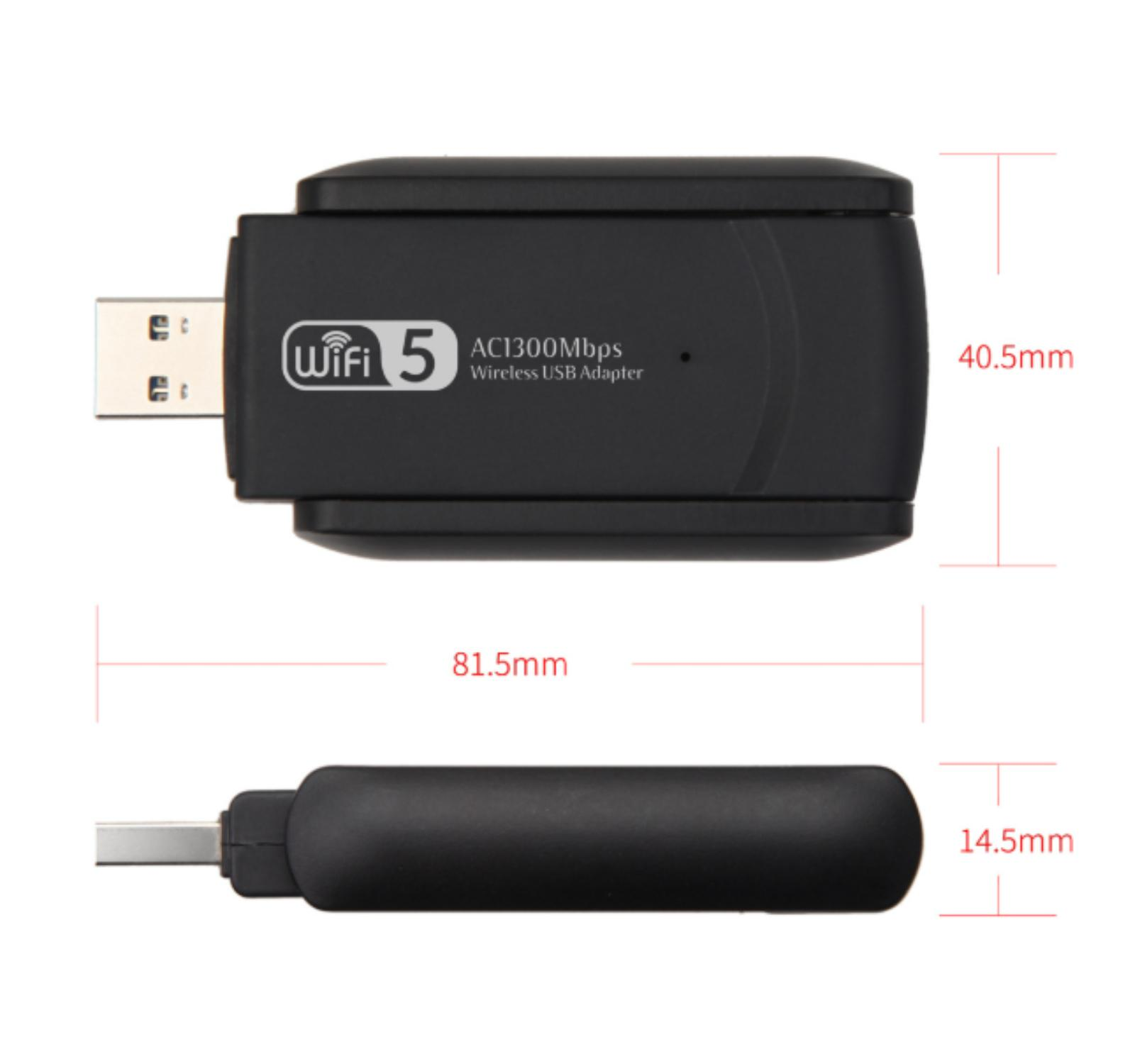 Schwarzer drahtloser USB-Adapter mit WiFi 5 und AC1300Mbps-Spezifikationen. Abmessungen sind mit Millimeterangaben angegeben.