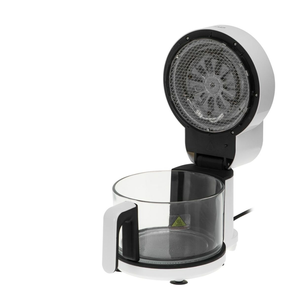 Ein weißer Airfryer mit Glasschüssel und schwarzem Griff. Der Deckel ist offen und zeigt ein Heizelement.