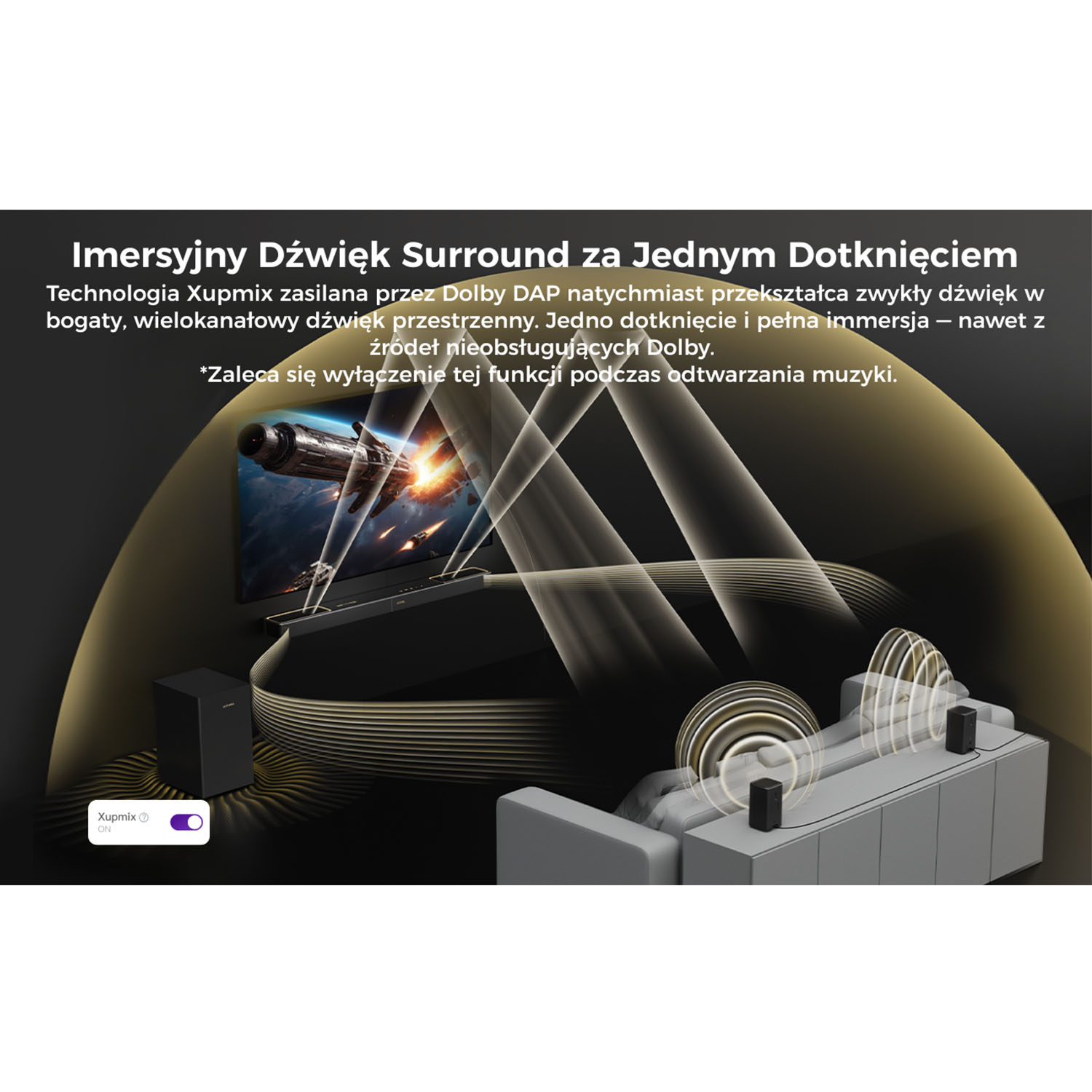 Obraz przedstawia salon z telewizorem, soundbarem, subwooferem i głośnikami. Fale dźwiękowe wydobywają się z systemu audio.