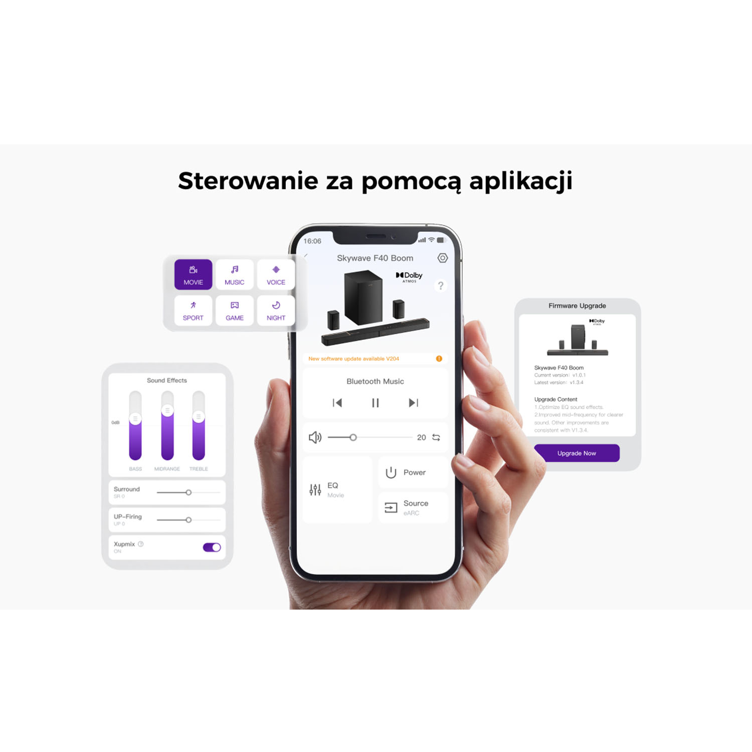 Dłoń trzyma telefon z aplikacją do sterowania systemem dźwiękowym. Widoczne ikony muzyki, filmu i gry. Ekran pokazuje ustawienia.