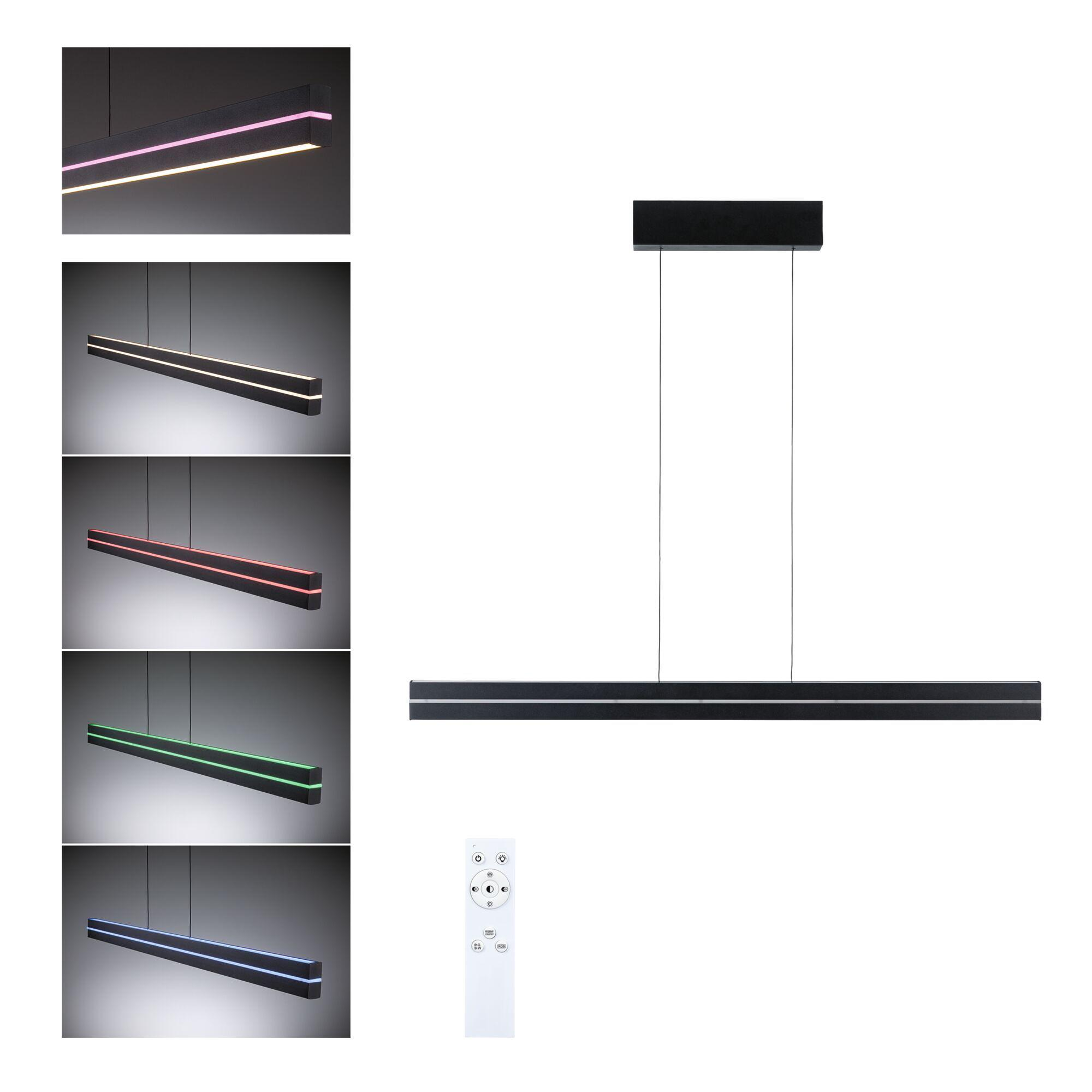 Un luminaire LED rectangulaire noir. Il est suspendu au plafond. La lumière dispose d'une télécommande et affiche différentes couleurs.