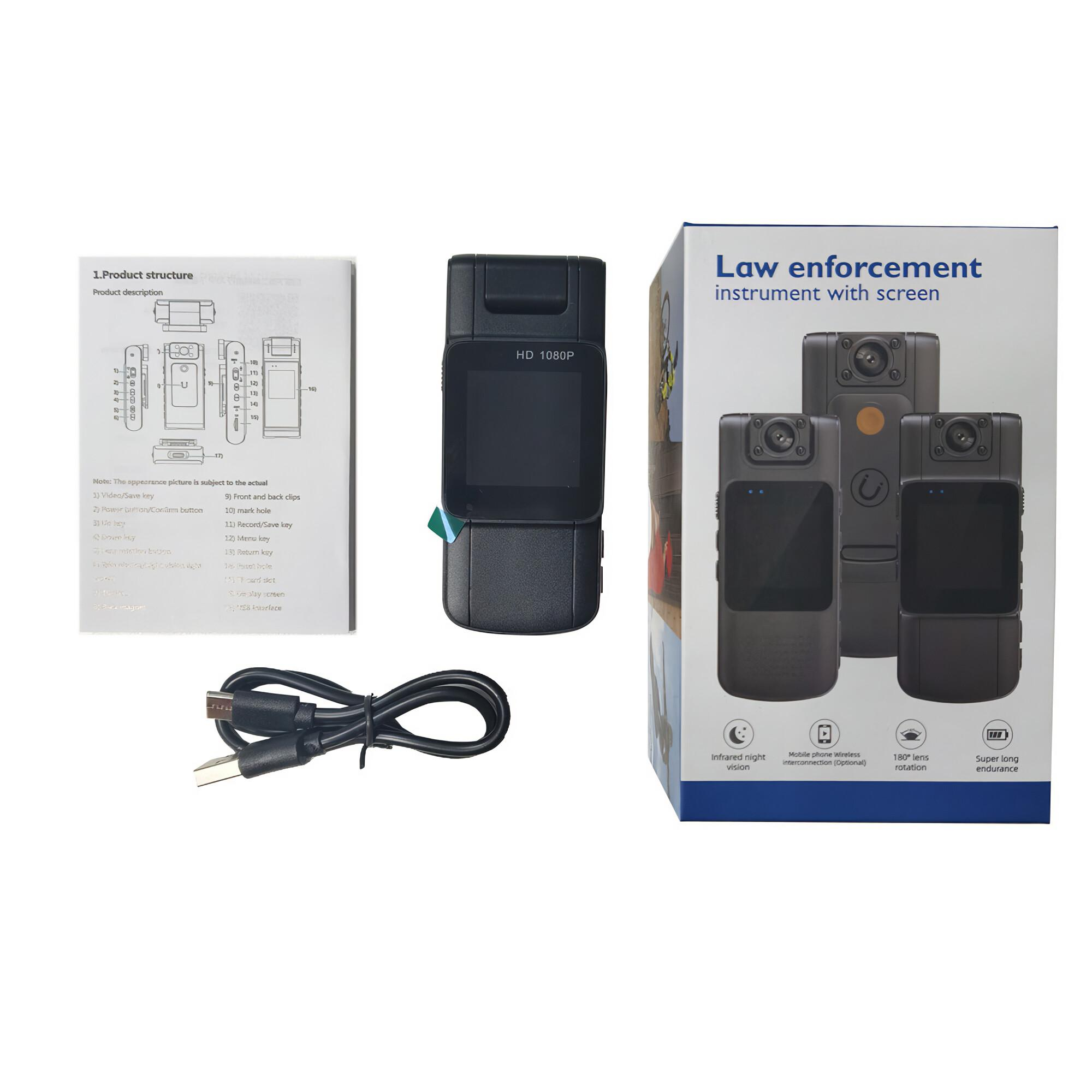 Das Bild zeigt eine schwarze HD 1080P Kamera, ein Produktdiagramm und eine Box mit dem Text "Law enforcement".