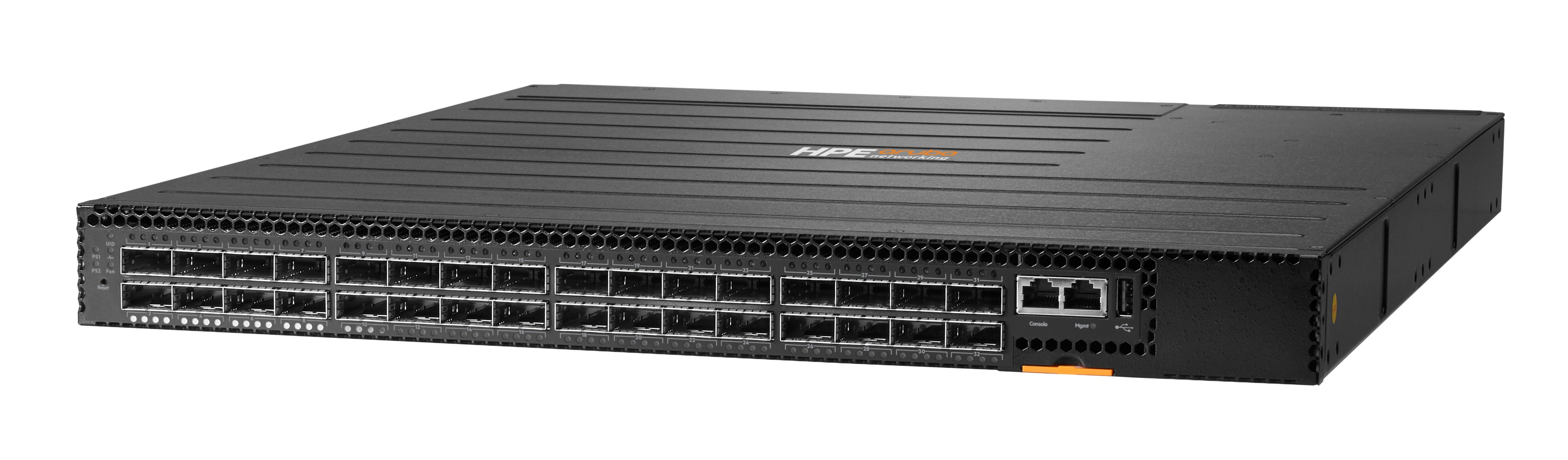 Uno switch di rete HPE nero, rettangolare con più porte, il pannello frontale ha una griglia di punti di connessione.