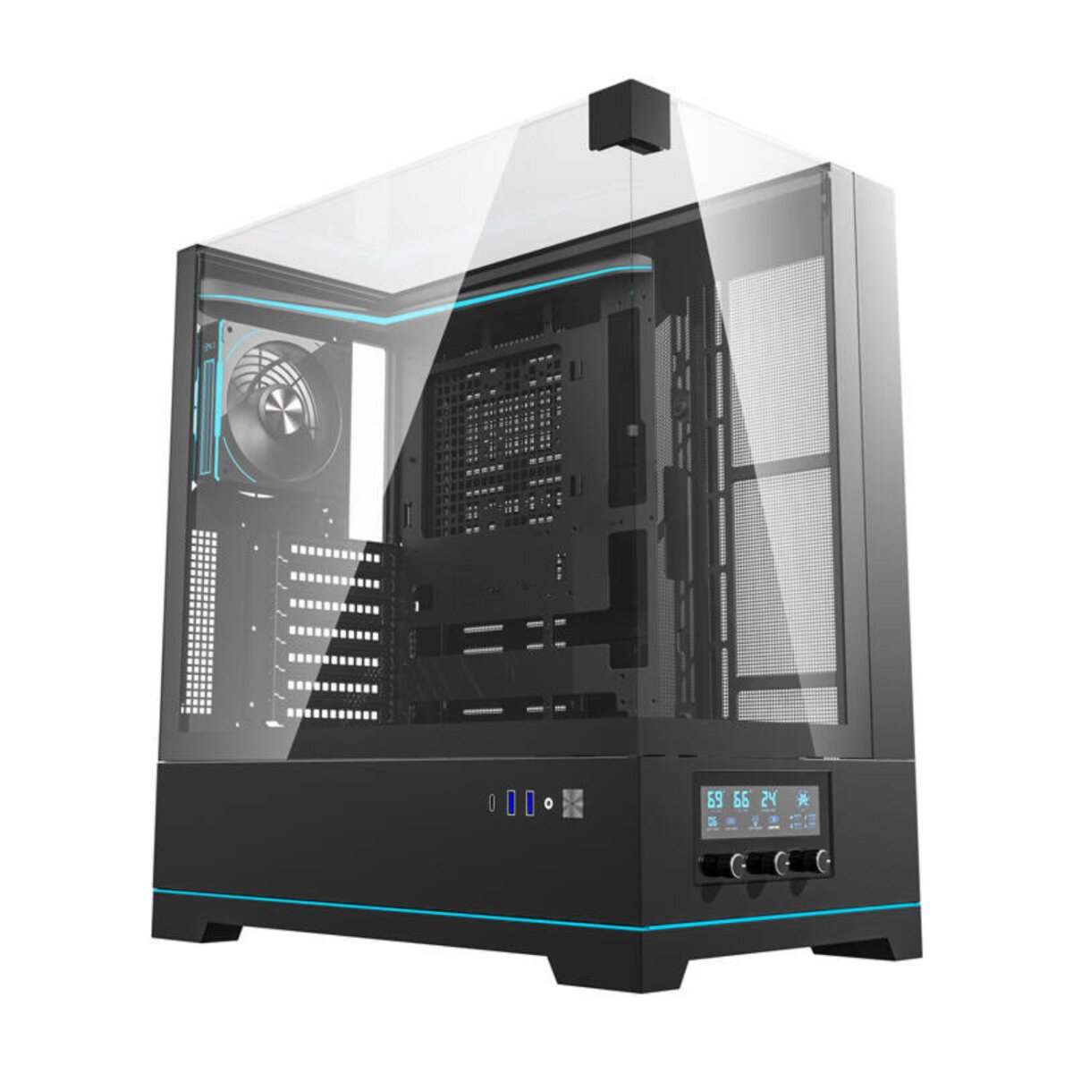Un case per computer nero con parte superiore e frontale in vetro. Ha illuminazione blu e un display digitale.