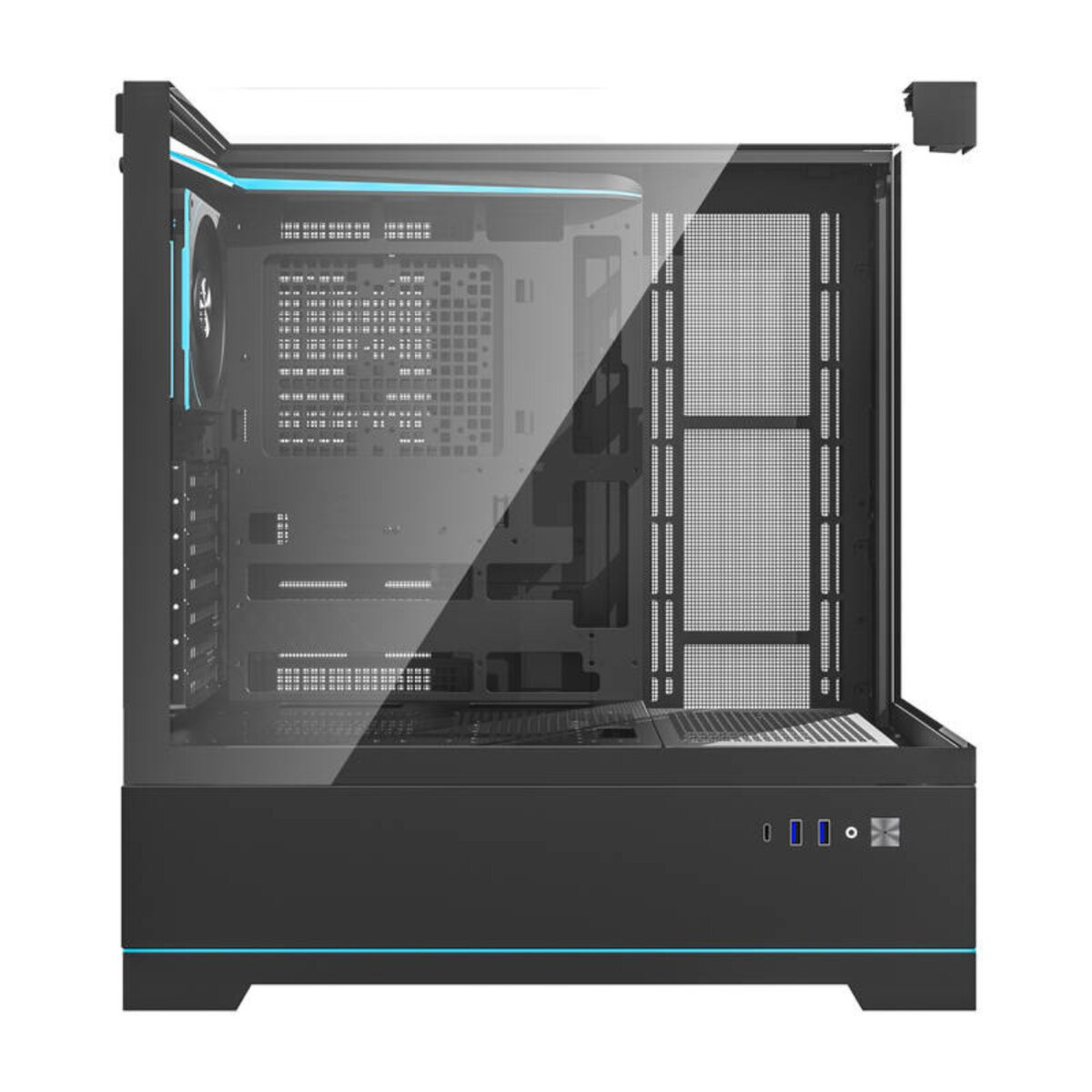 Un case per computer nero con un pannello laterale in vetro. Ha un accento di luce blu sopra e sotto. I componenti interni sono visibili.