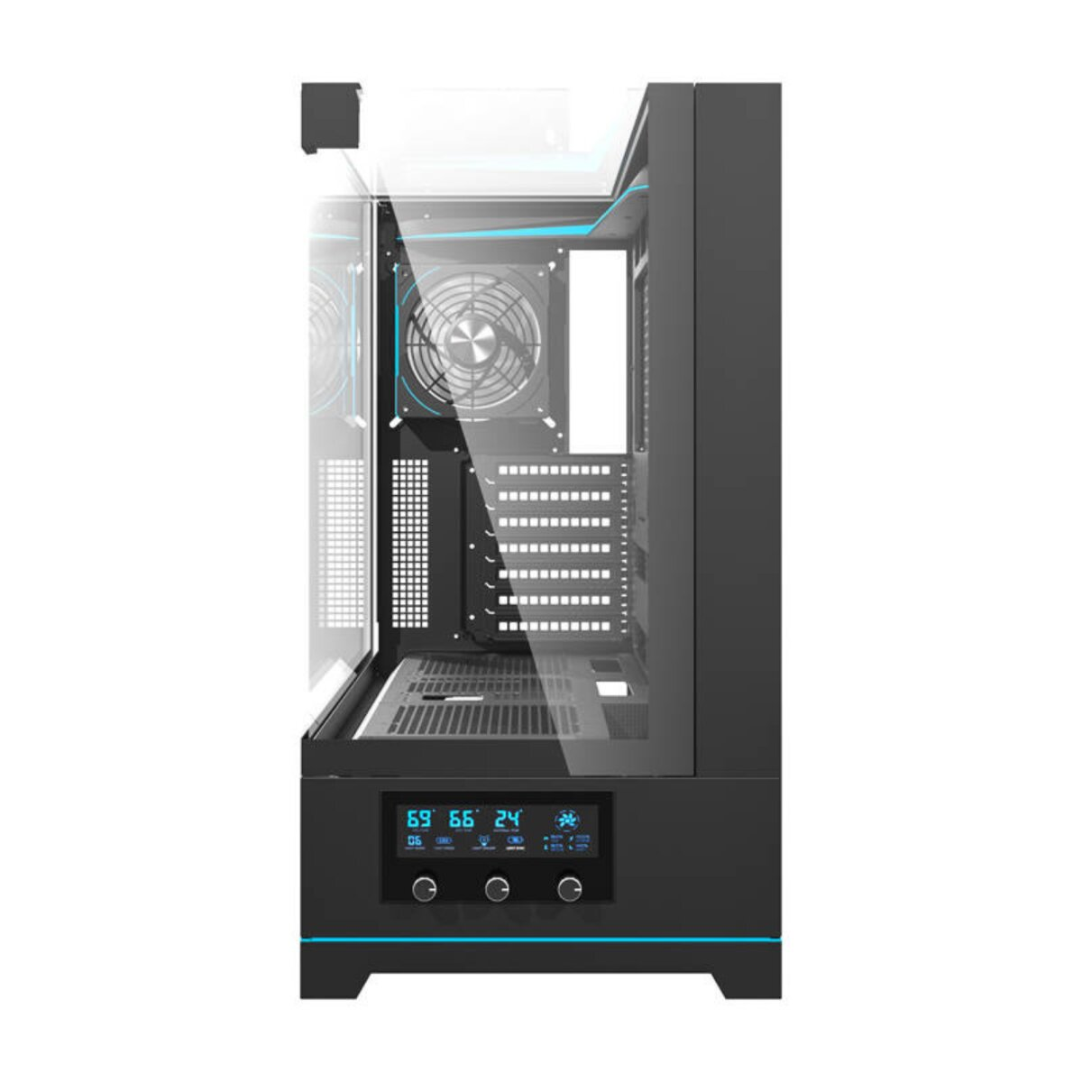 Un case per computer nero con un lato in vetro trasparente. Ha un display digitale in basso e una ventola visibile all'interno.
