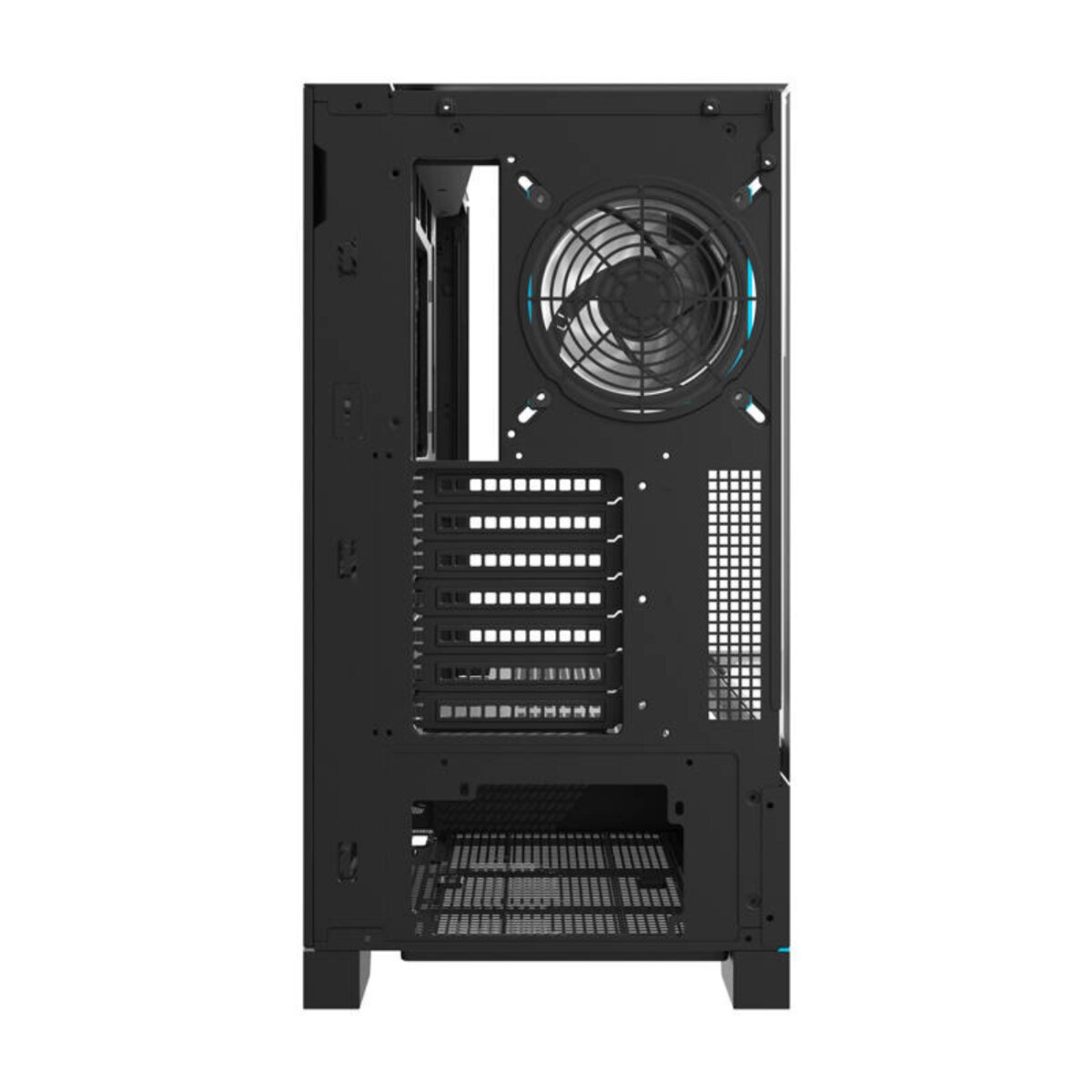 Interno di un case per computer nero. È visibile una grande ventola. Sono presenti diverse fessure e un vano inferiore con una griglia.