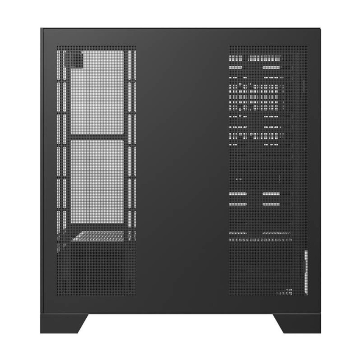 Un case per computer nero con pannello frontale a rete e ventilazione laterale. Ha un pannello laterale in vetro temperato e un design elegante.