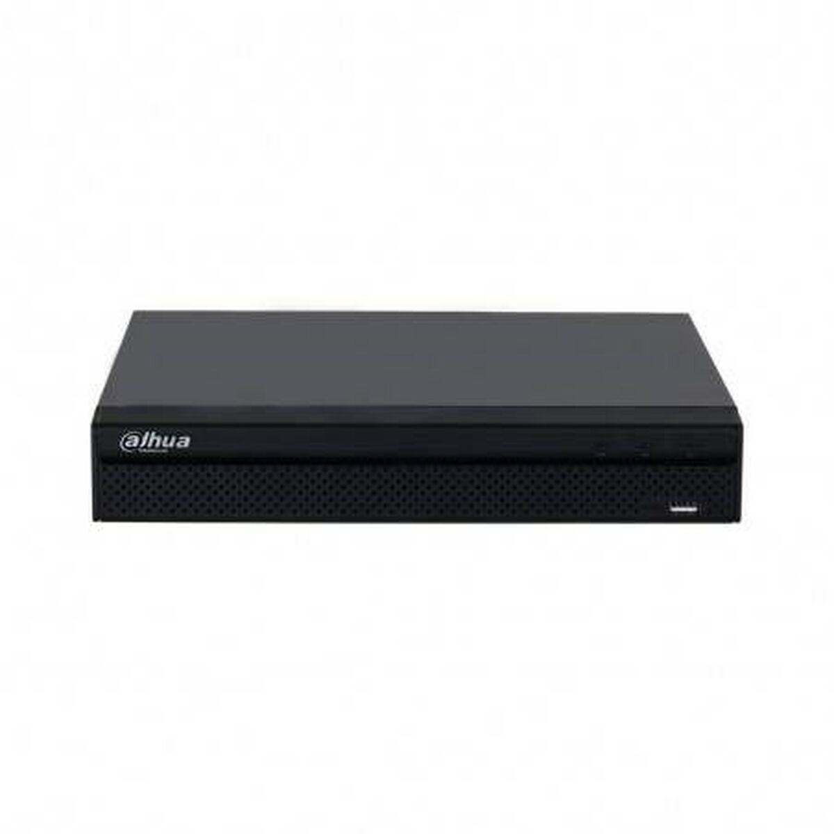 Ein schwarzer Dahua DVR ist auf weißem Hintergrund zentriert. Der DVR hat eine perforierte Front und das Dahua-Logo links oben.