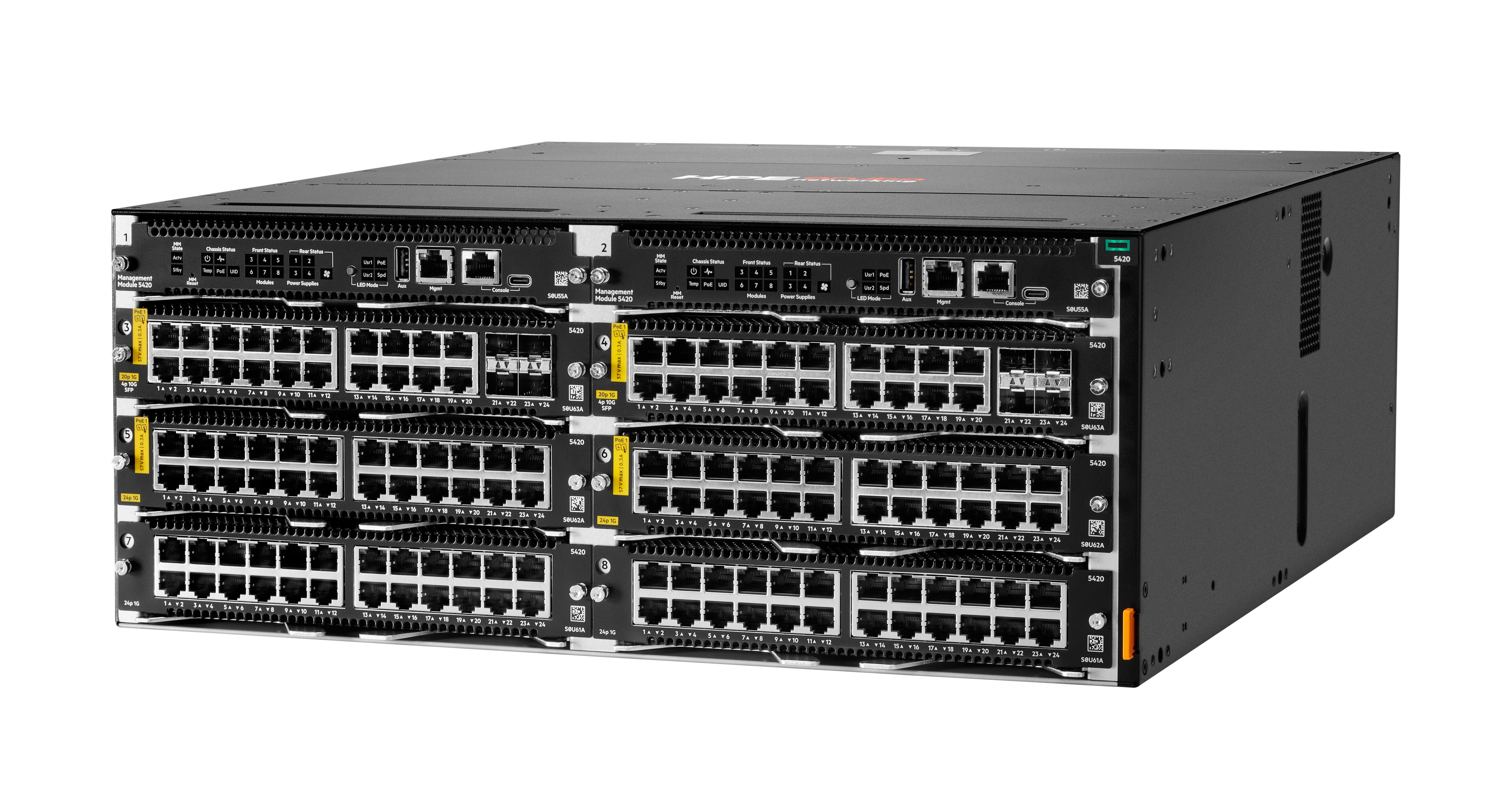 Schwarzer Netzwerk-Switch mit mehreren Anschlüssen. Frontplatte mit zahlreichen Anschlüssen und Statusanzeigen.