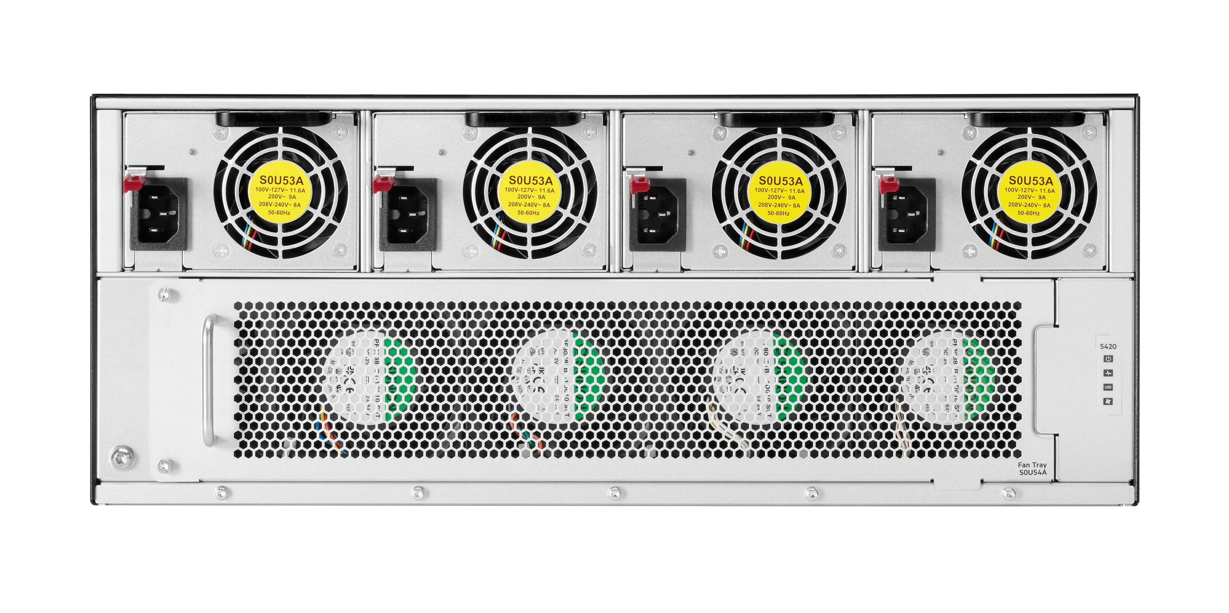 Un pannello posteriore di un server di computer con ventole, porte di alimentazione ed etichette. Le ventole hanno adesivi gialli.