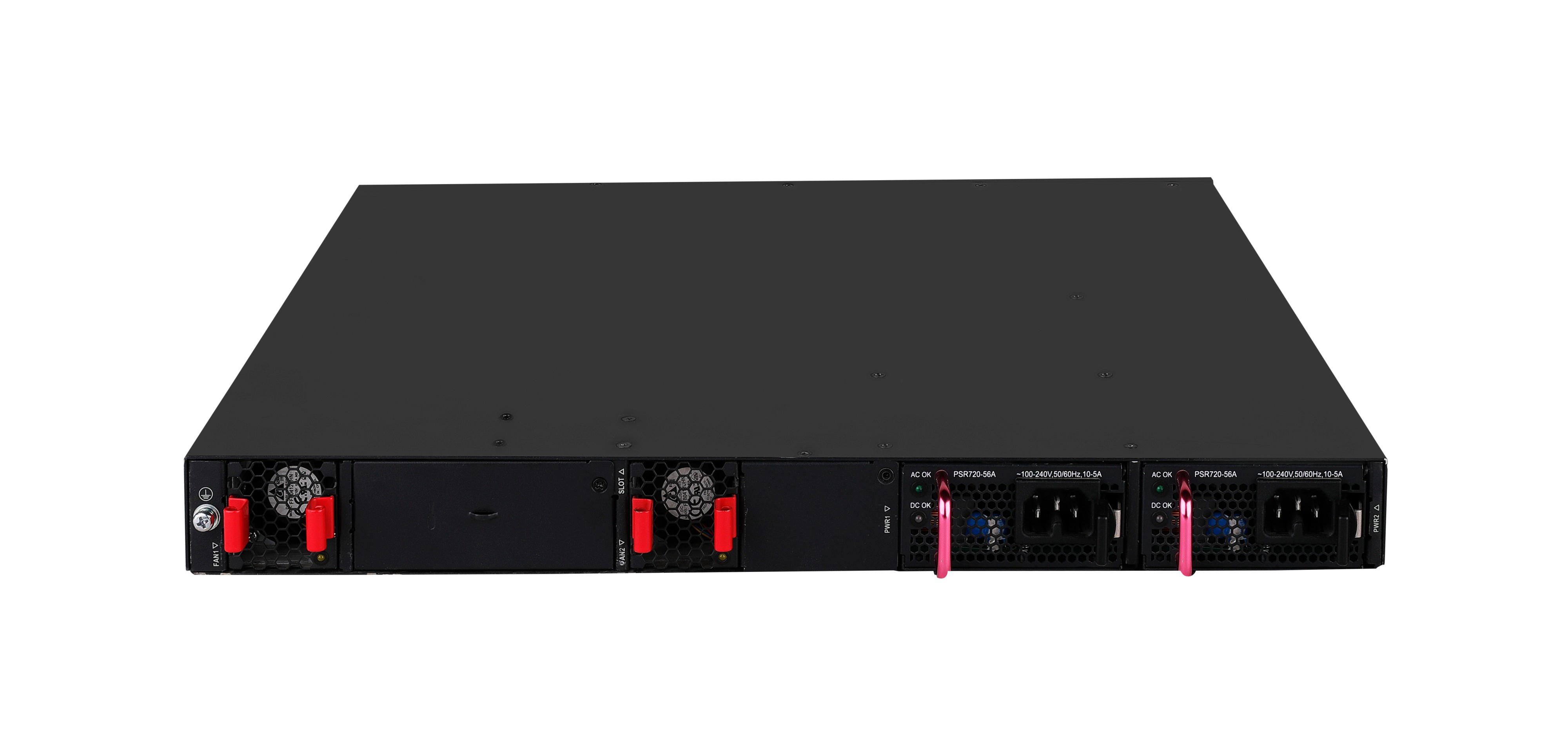 Ein schwarzes Serverrack mit mehreren Anschlüssen, Lüftern und Stromeingängen. Rote und rosa Griffe sind sichtbar.