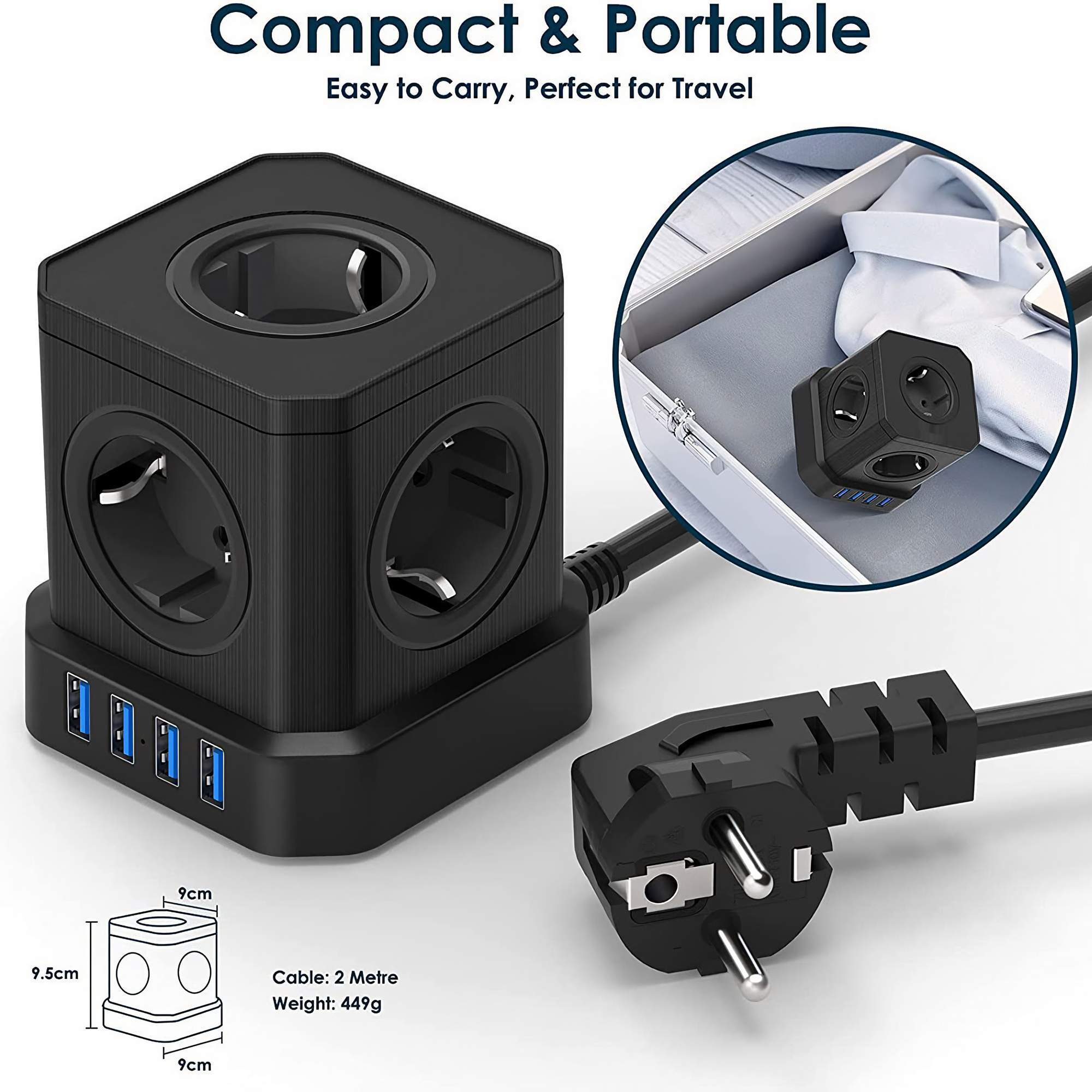 Schwarzer Würfel-Stecker mit Steckdosen und USB-Anschlüssen. Ein kleinerer befindet sich in einer Schublade. Inklusive Stecker und Kabel.