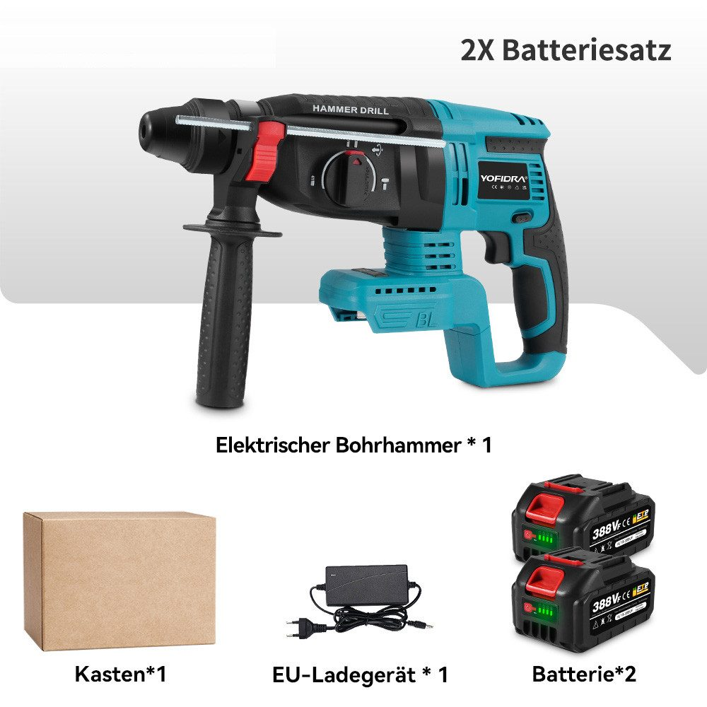 Ein Bohrhammer, zwei Batterien, ein Ladegerät und eine Box sind im Bild. Der Bohrer ist blau und schwarz.