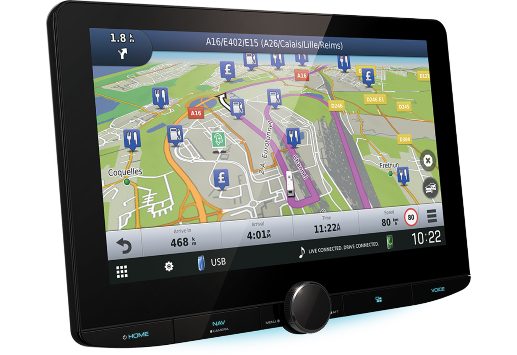 Auto-Navigationssystem, das eine Karte mit Routeninformationen anzeigt. Geschwindigkeit 80 km/h. Uhrzeit 10:22. Zeigt Ankunftszeit und Entfernung.
