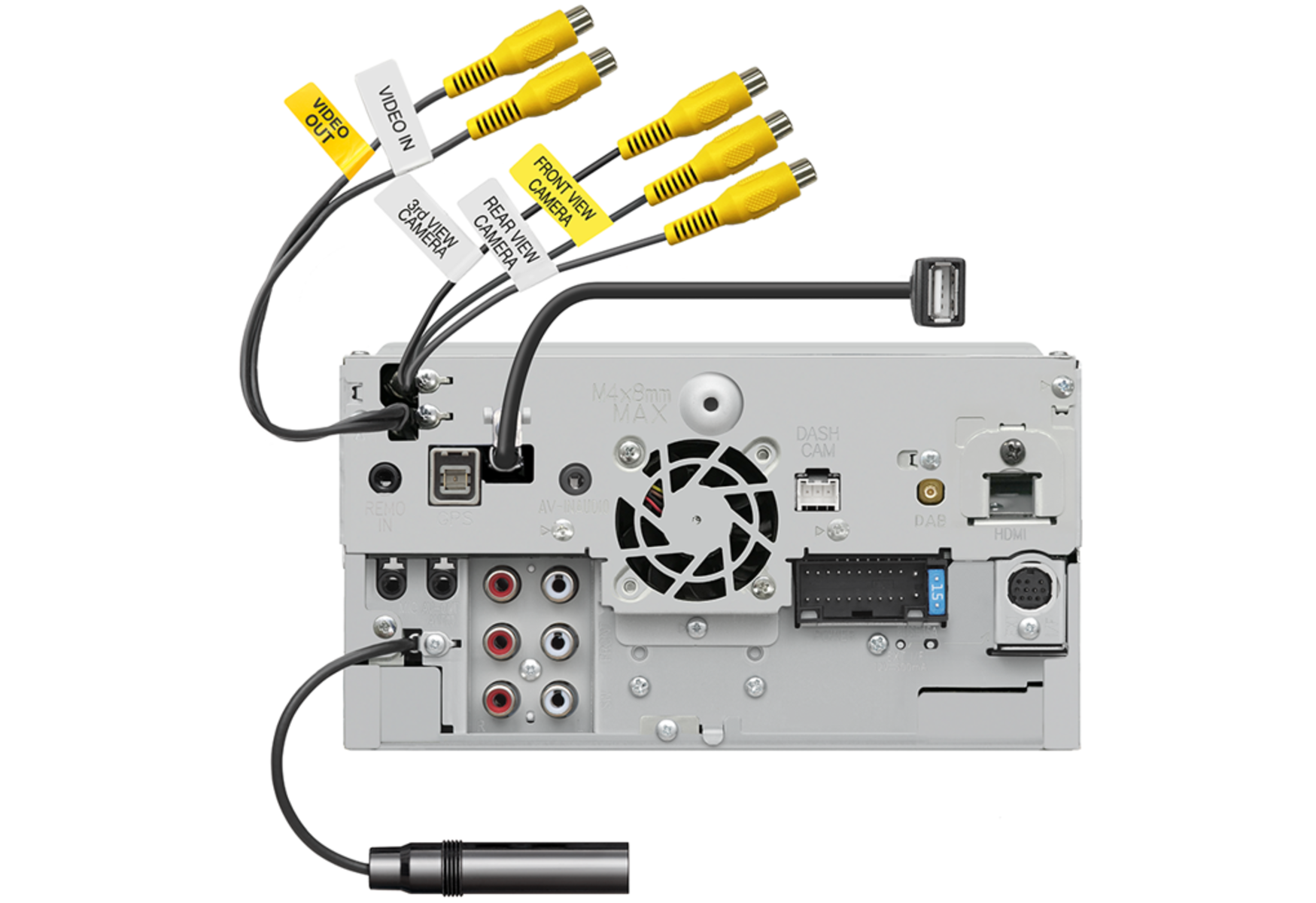 Rückseite eines Autoradios mit verschiedenen Ein- und Ausgängen. Kabel mit gelben Steckern sind für Kameras und Video gekennzeichnet.