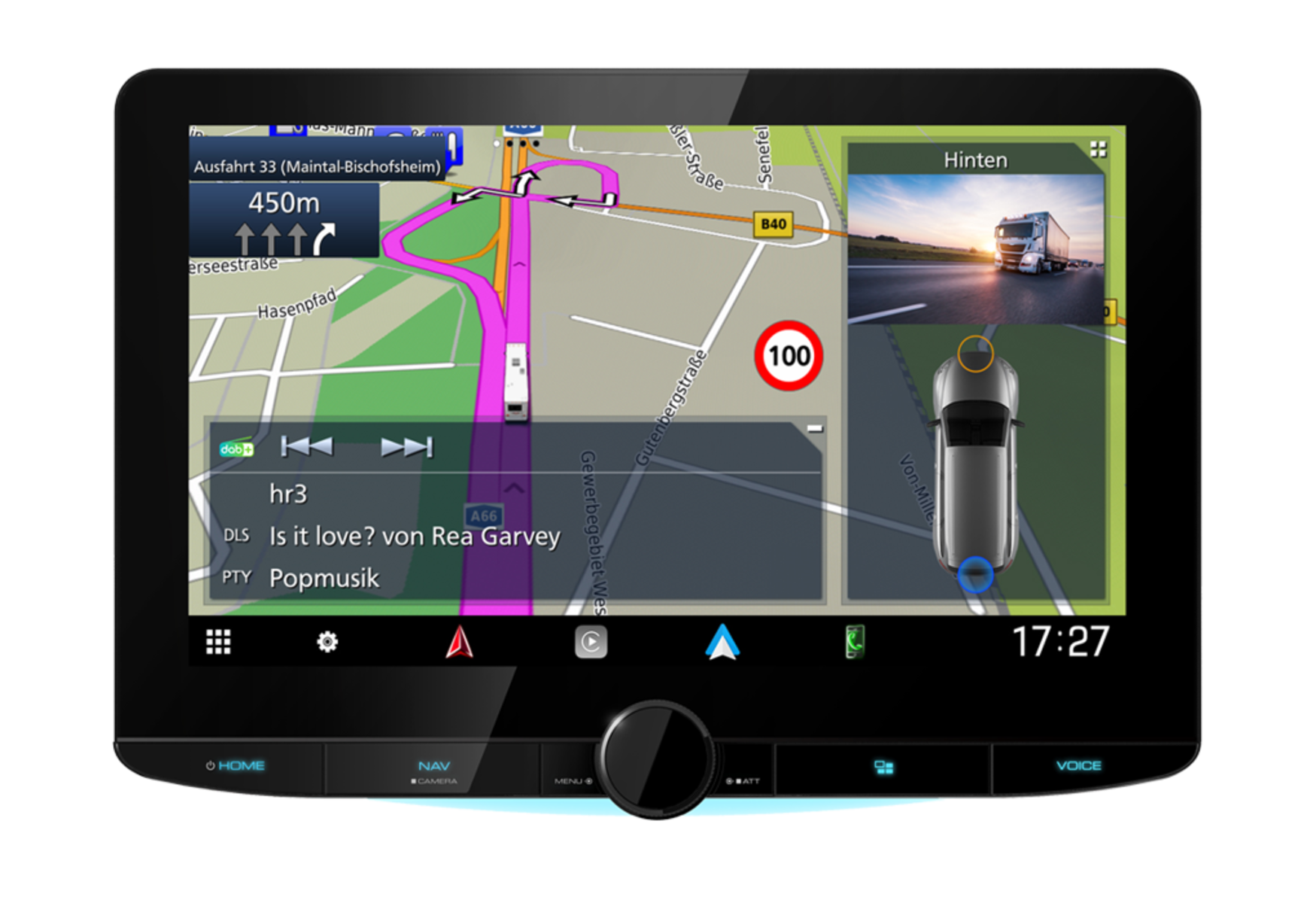 Auto-Navigationsbildschirm mit Karte, Rückfahrkamerabild und Musikanzeige. Die Uhrzeit ist 17:27.